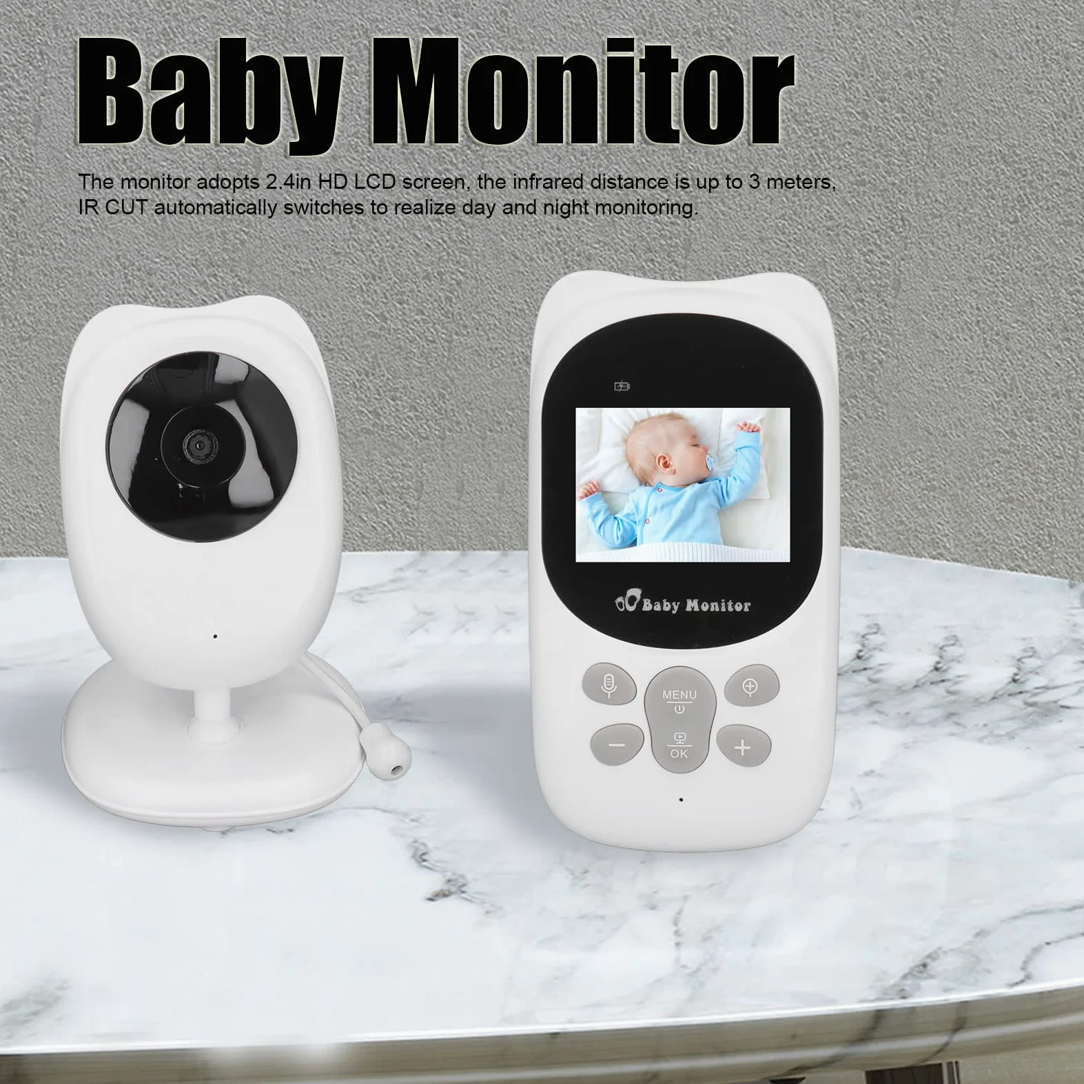 Baby Monitor, Schermo LCD HD da 2,4 Pollici Induzione a Infrarossi Citofono Bidirezionale Baby Camera Monltor, Funzione Musicale Visualizzazione Della Temperatura Ottica Infantile Baby Monitor(UE)