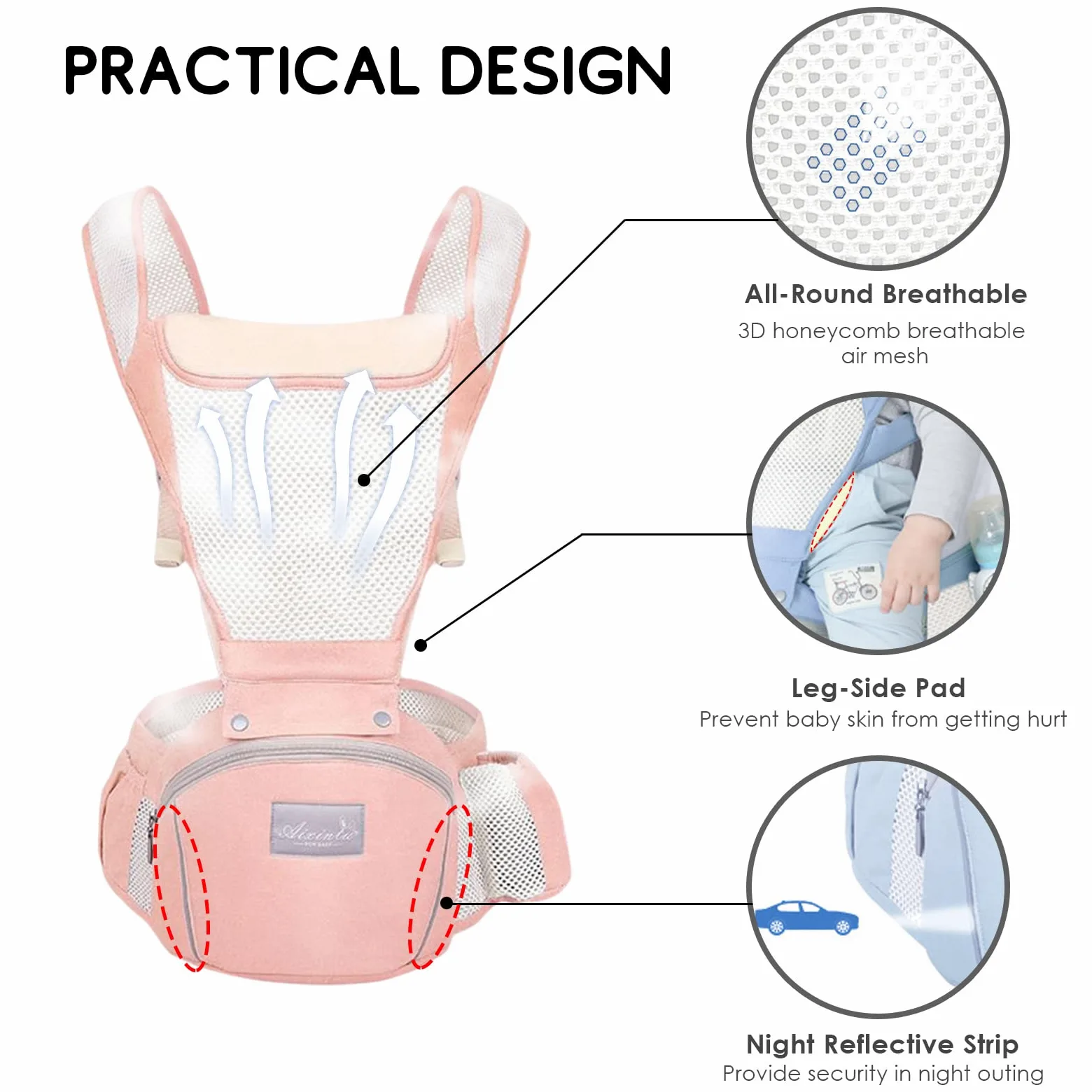 SONARIN Traspirante Multifunzione Marsupio Neonati con Sedile,Portantina Porta Bambino Fascia Porta Bebè Ergonomico Regolabile per Neonati Bambini 0-36 Mesi,Tutte le Posizioni(Rosa)