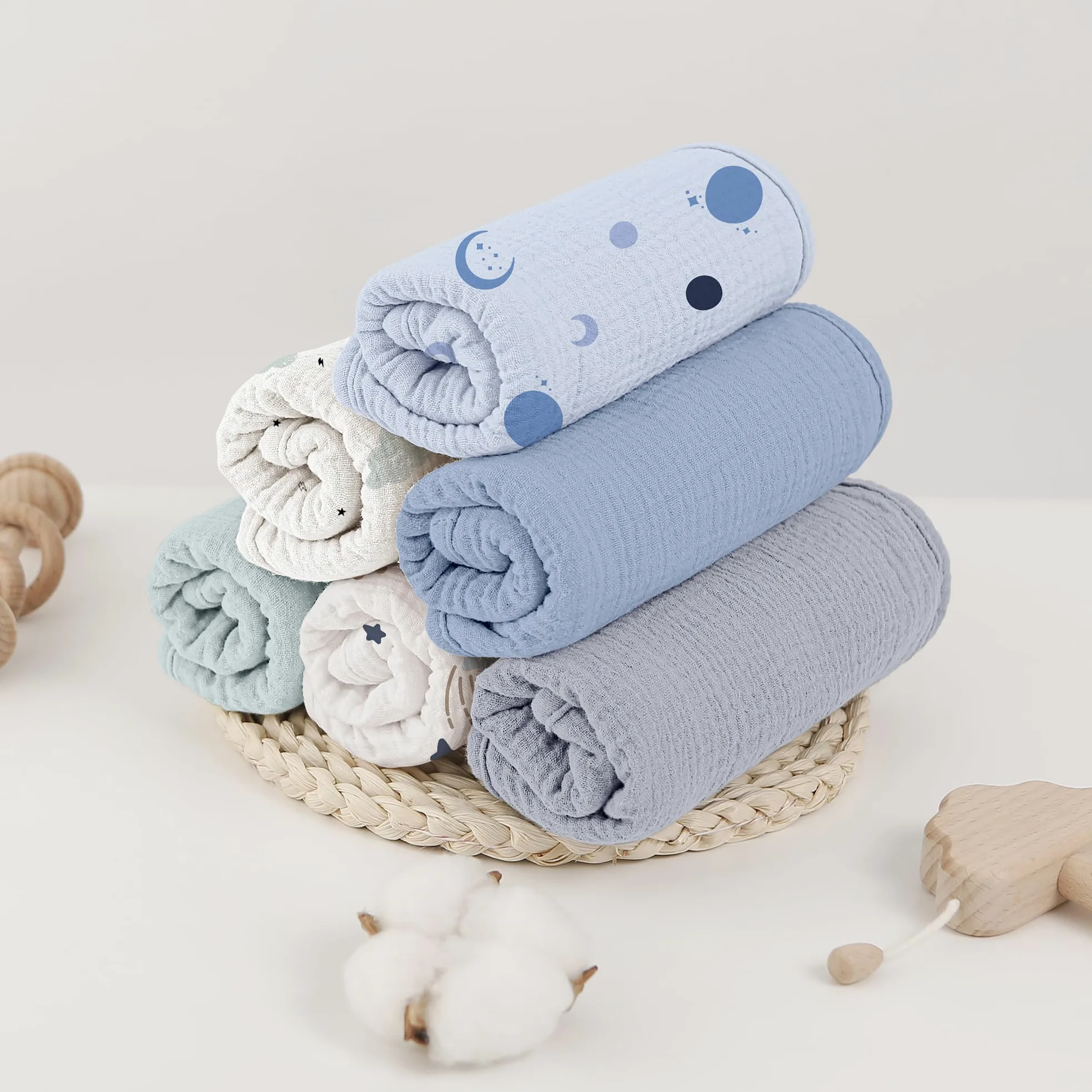 bearmoss Bambino in Mussola Per Neonati, 6 Pezzi, Set 50 X 25 Cm, Super Morbido Assorbente in Mussola A Grana Per Neonati, Unisex, Per Bambine E Ragazzi (blu)