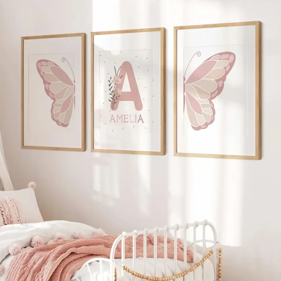Generico 3 Quadri Personalizzati Nome Nascita Stampe Bimba Farfalla Rosa 30x 40 cm Quadro Cameretta Bambina Decorativi da Parete Bambini Poster Camera Ragazza Ragazzo Regalo Tela senza Cornice