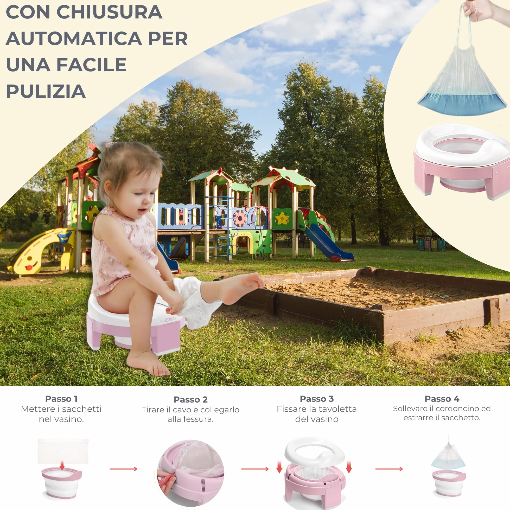 HuBorns - Vasino Portatile per Bambini da Viaggio, 10 Sacchetti Inclusi, Vasino da Viaggio per Bambini Comodo e Sicuro, WC Portatile bambini Facile da Trasportare e da Usare come Riduttore WC Bambini