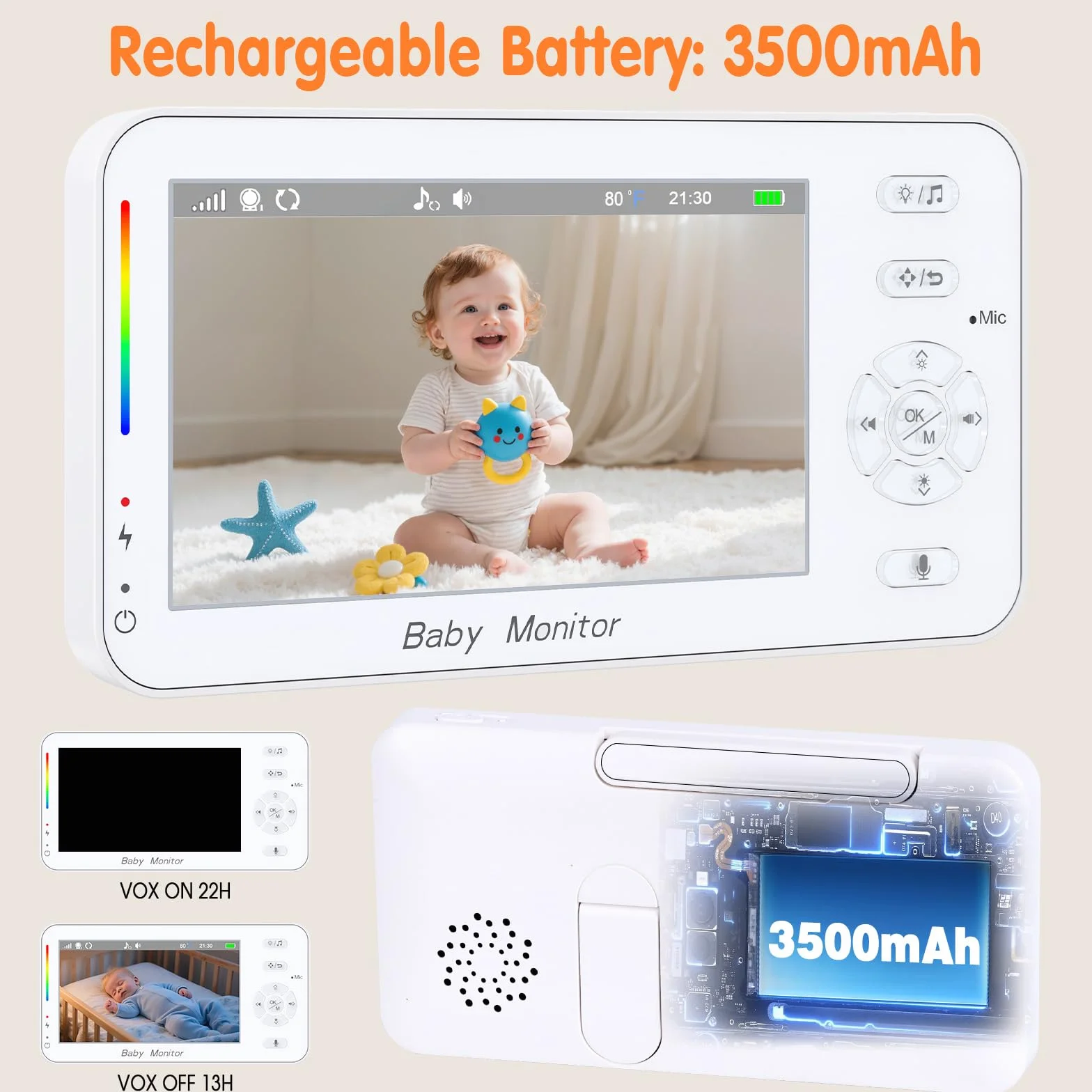 Babyphone con fotocamera e app, monitor da 4,3" con zoom, visione notturna, pianto/movimento/rilevazione del rumore/ninna