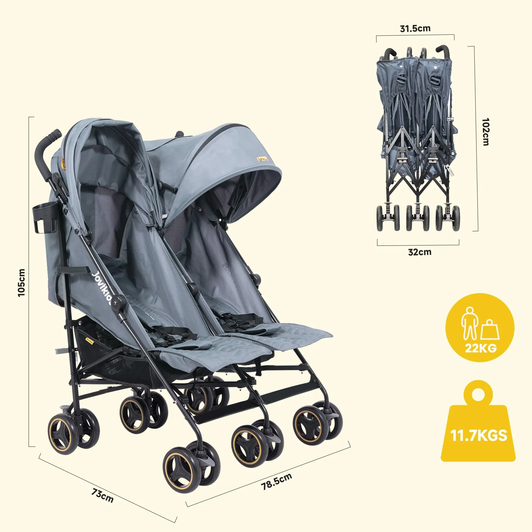 Jovikids Passeggino Gemellare Leggero per Bambini 0-36 Mesi, Doppio Passeggino per Gemelli/Fratelli fino a 15 kg, Cappottina Estesa, 5 Punti di Sicurezza, 2 Grandi Cestini (Grigio)