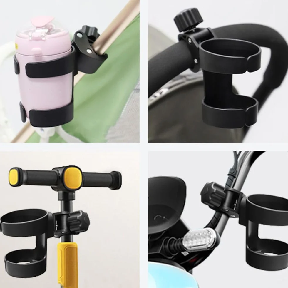 Portabicchier per Passeggino Universale, Antiscivolo, Rotazione a 360°, Portabottiglie per Biciclette, Carrellini, Deambulatori e Sedie a Rotelle (Nero)
