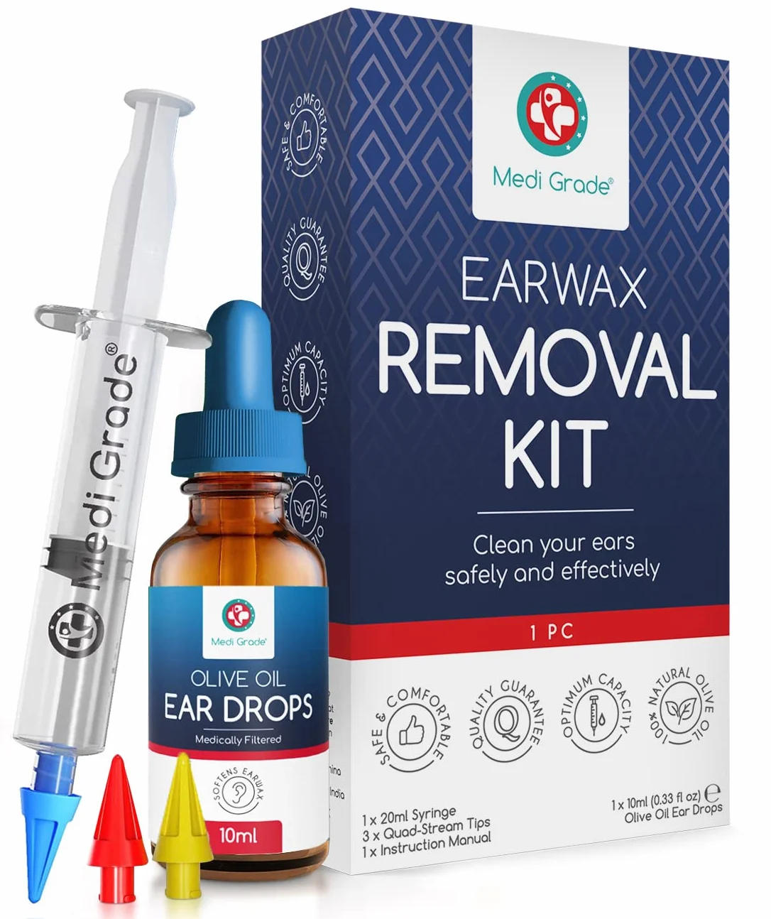 Medi Grade Kit Siringa per Pulizia Orecchie con Olio d’Oliva in Gocce – Siringa per Tappi Orecchie con 3 Punte a Getto Quadruplo – Kit Medico per Uso Domestico - Migliora L’udito