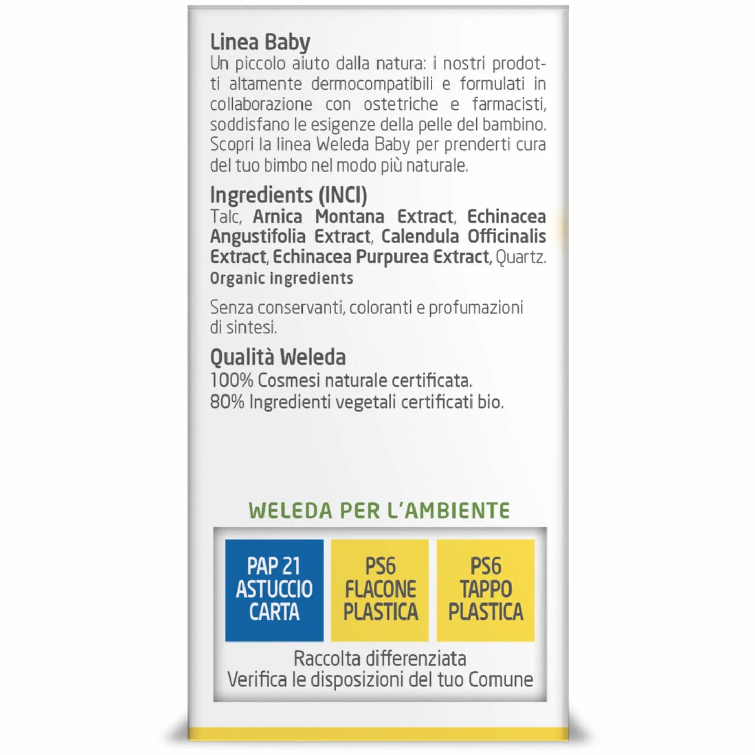 Weleda Arnica Echinacea polvere, talco in polvere per il trattamento dell'ombelico del neonato, assorbe l'umidità e protegge da irritazioni nelle pieghe cutanee (1X20g)