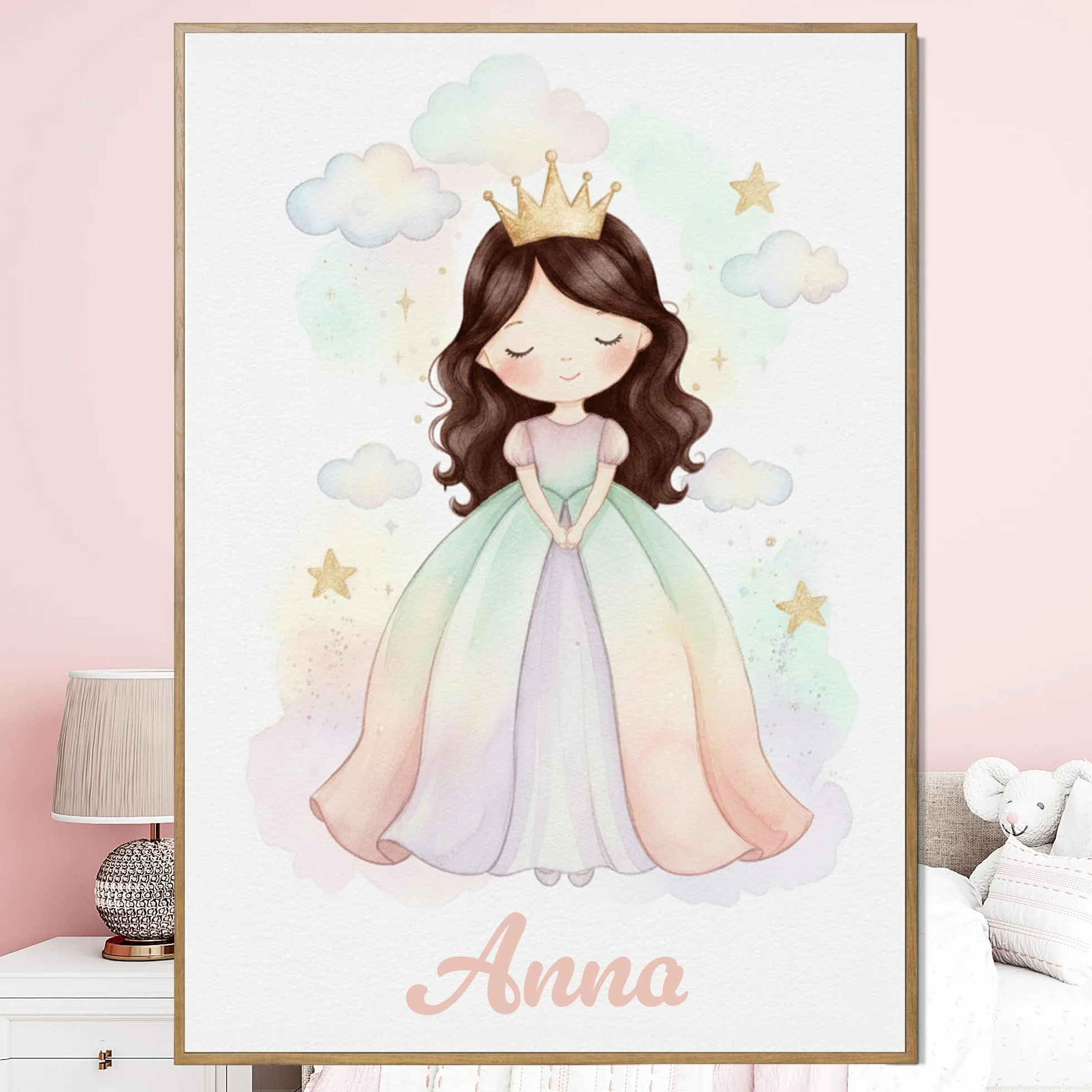 Triangle Déco Poster personalizzato nome Principessa dai capelli marroni con o senza Cornice pastello acquerello fata ragazza Poster Tela o Plexiglass regalo nascita compleanno Natale camera bambini