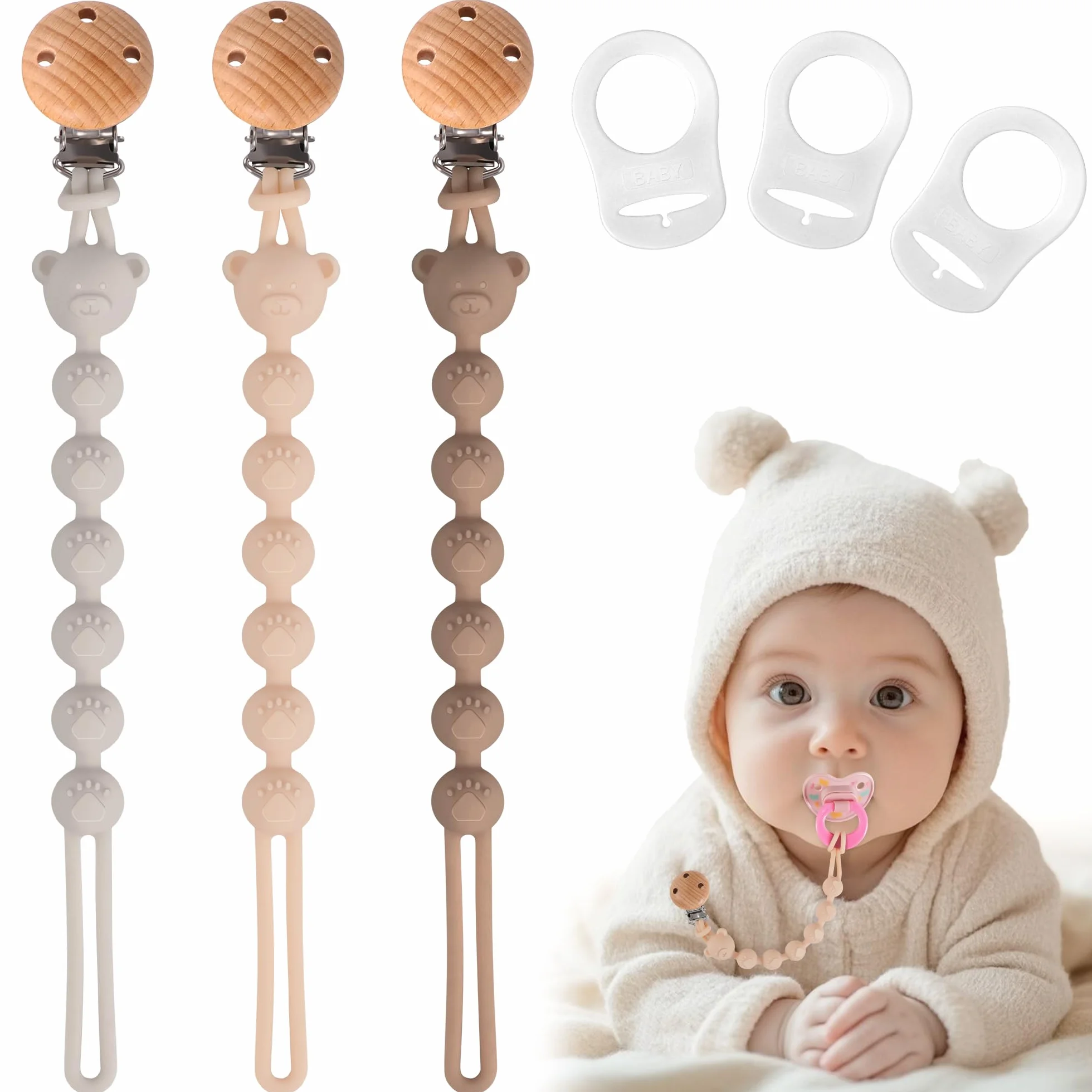 Set da 3 Catenella Portaciuccio in Silicone, Design Monoblocco Catenella Ciuccio per Bambine e Bambini, Portaciuccio Senza BPA, Elastiche e Robustezza (Crema Marrone Grigio)