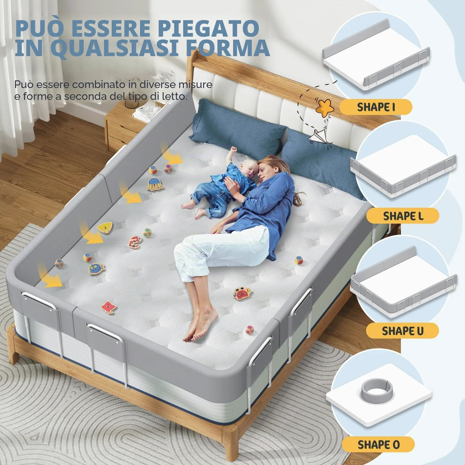 Sponde per letto bambini – Barriera letto sicurezza per bambini, protezione per letto matrimoniale e lettino, altezza regolabile 40-60 cm, rimovibile, portatile, grigio, 200cm