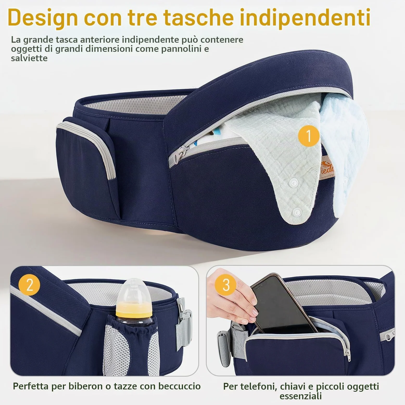 Viedouce Hipseat Marsupio con Protezione per Cintura di Sicurezza,Puro Cotone Leggero e Traspirante,Ergonomico Neonati Marsupio Sicurezza Supporto per Bambino da 4-36 Mesi (Blu Scuro)