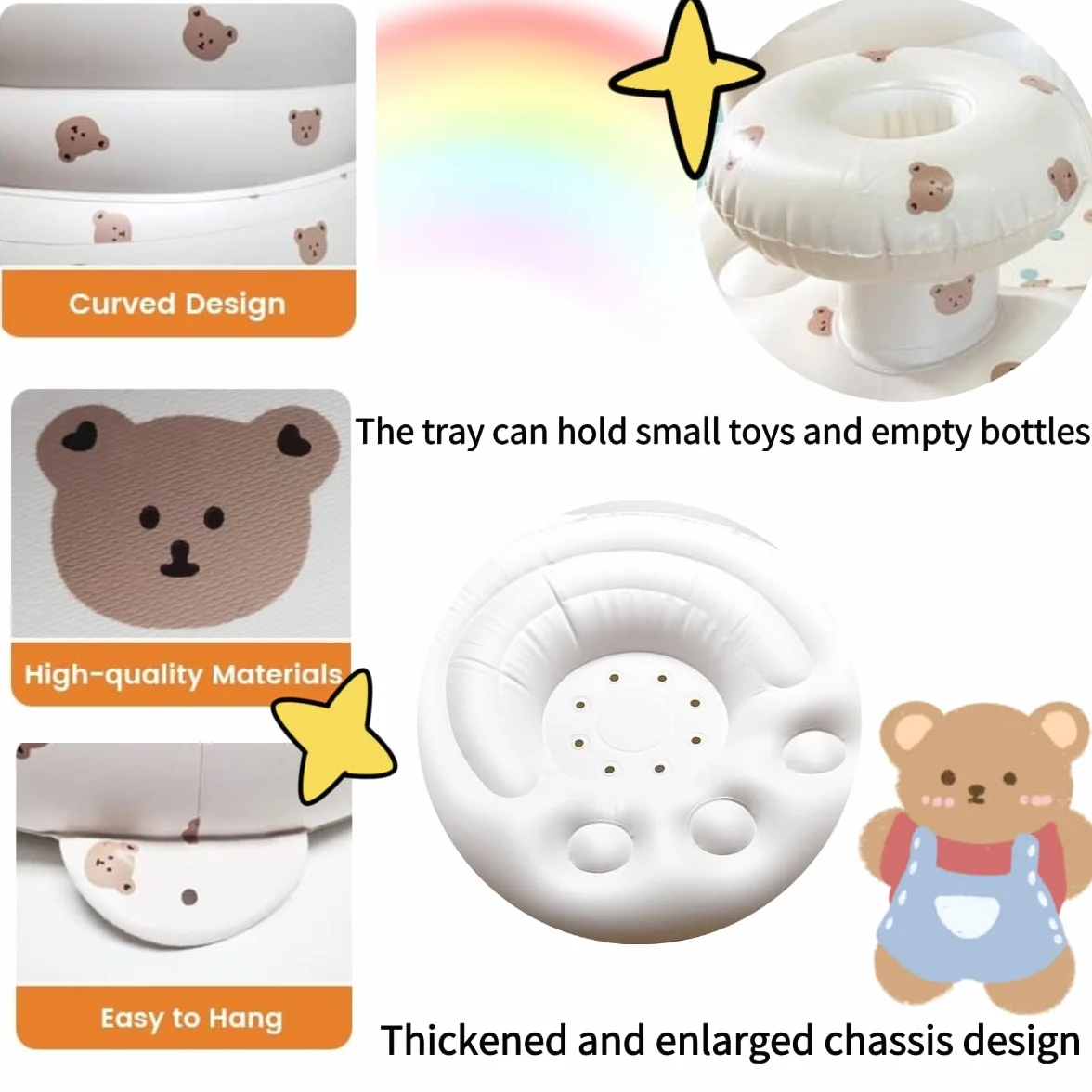 Seggiolino gonfiabile per bambini da 4 a 24 mesi con pompa ad aria integrata, supporto per la schiena per bambini, sedia per sedersi, sedia per baby shower, sedile (Orso)