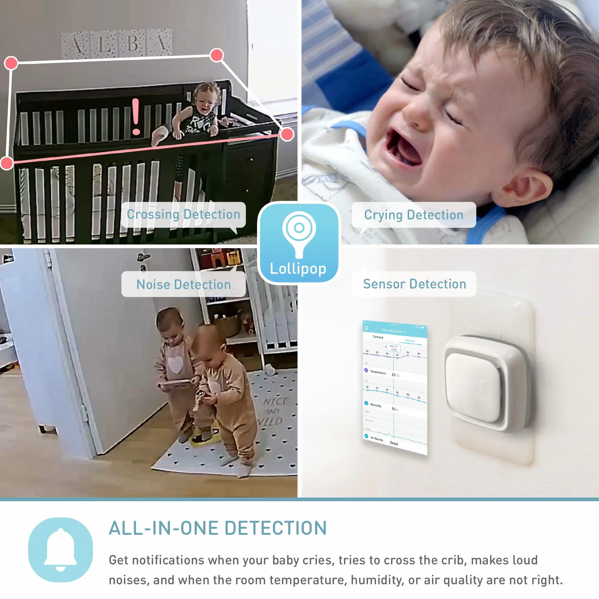 Lollipop Baby Monitor (Turchese) - Telecamera Wi-Fi con rilevamento vero del pianto e abbonamento extra per monitoraggio ossigeno/sonno (senza accessori) (Prova gratuita 7 giorni)