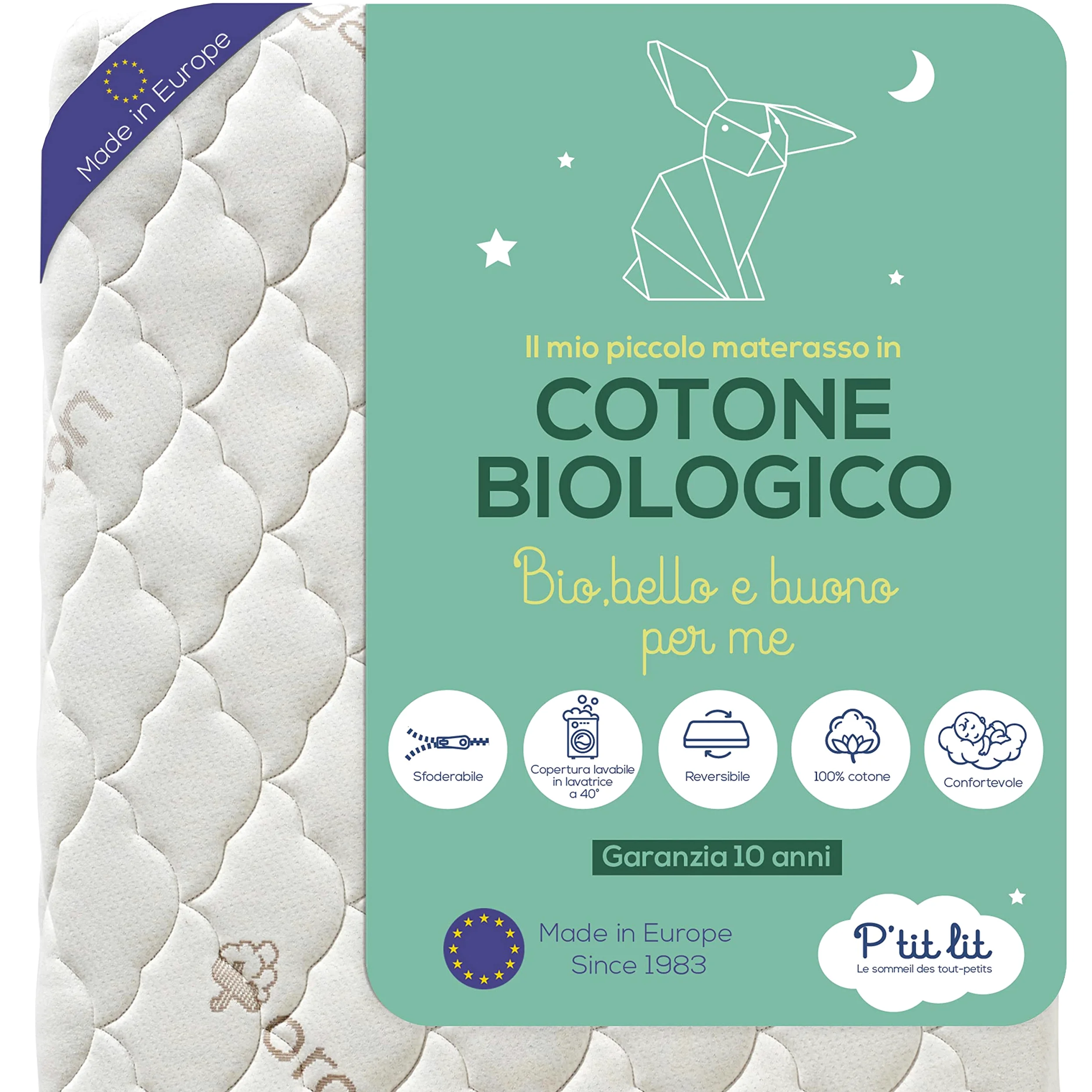 P'tit Lit - Materasso Lettino Cotone Biologico | 60x120 cm | 100% Cotone: Materia naturale di origine vegetale | Senza trattamento chimico | Sfoderabile | OekoTex® | Fabbricazione europea