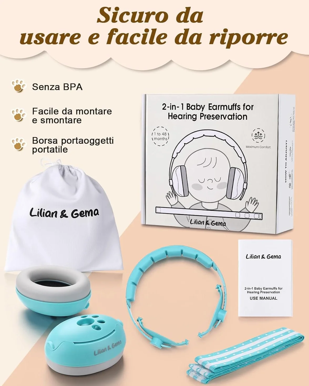 Generico 2 in 1 Cuffie Neonato Antirumore -25dB,Protettori acustici per neonati, archetto regolabile, antiscivolo e antistress, protezione acustica ideale per neonati fino a 48 mesi