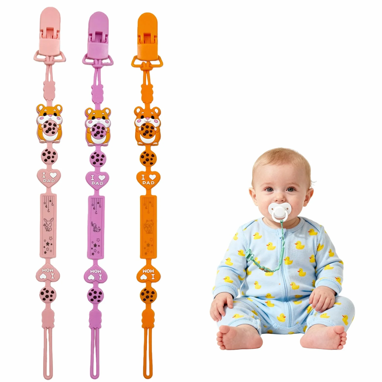 Catenella portaciuccio in silicone, 2 in 1 e design monoblocco, per neonati e ragazzi, senza BPA, confezione da 3 pezzi
