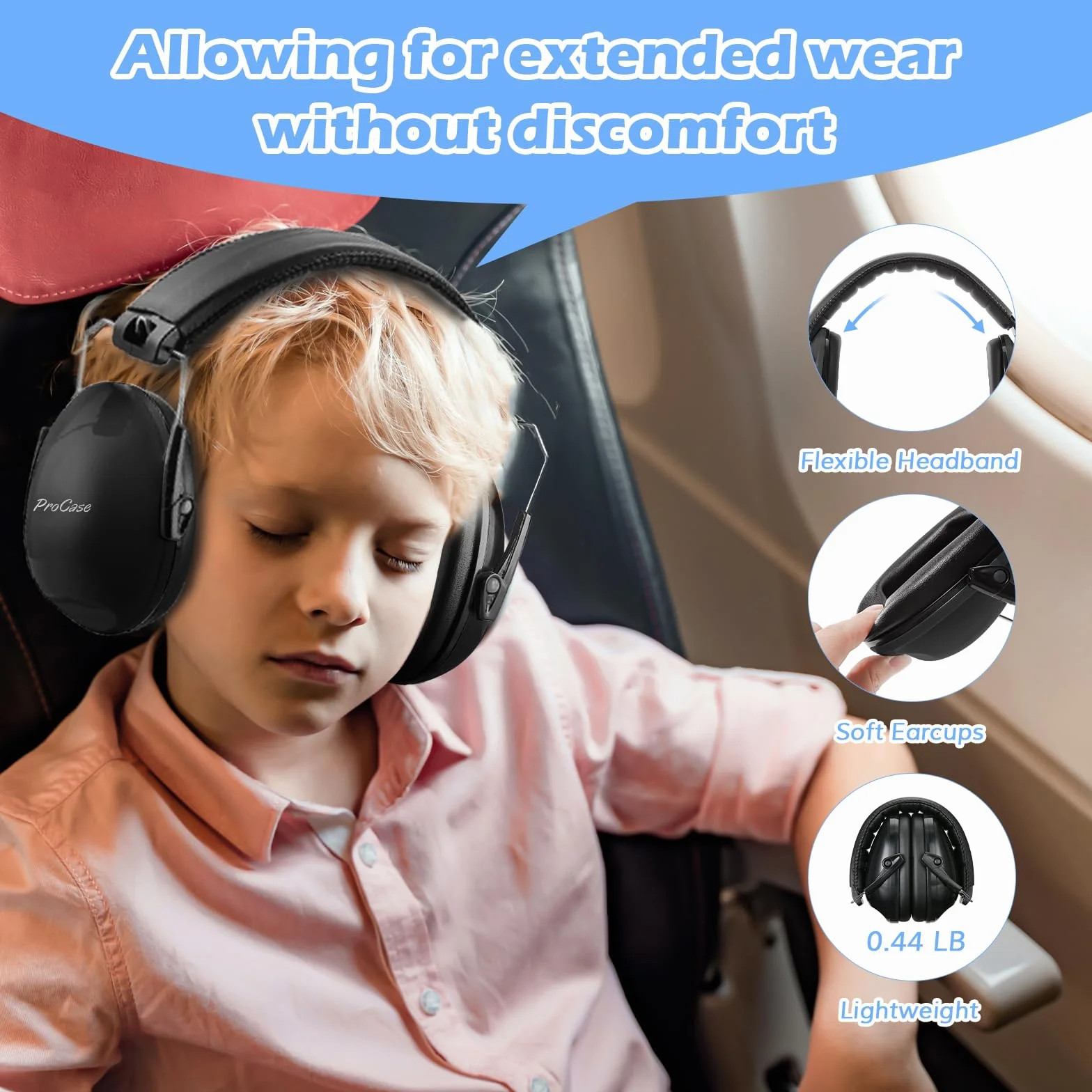 Procase Casco Anti Rumore Bambino, Casco Pieghevole Regolabile Confortevole, Con Attenuazione SNR 34dB, Cerchietto Morbido per Medio Rumore o Stressante