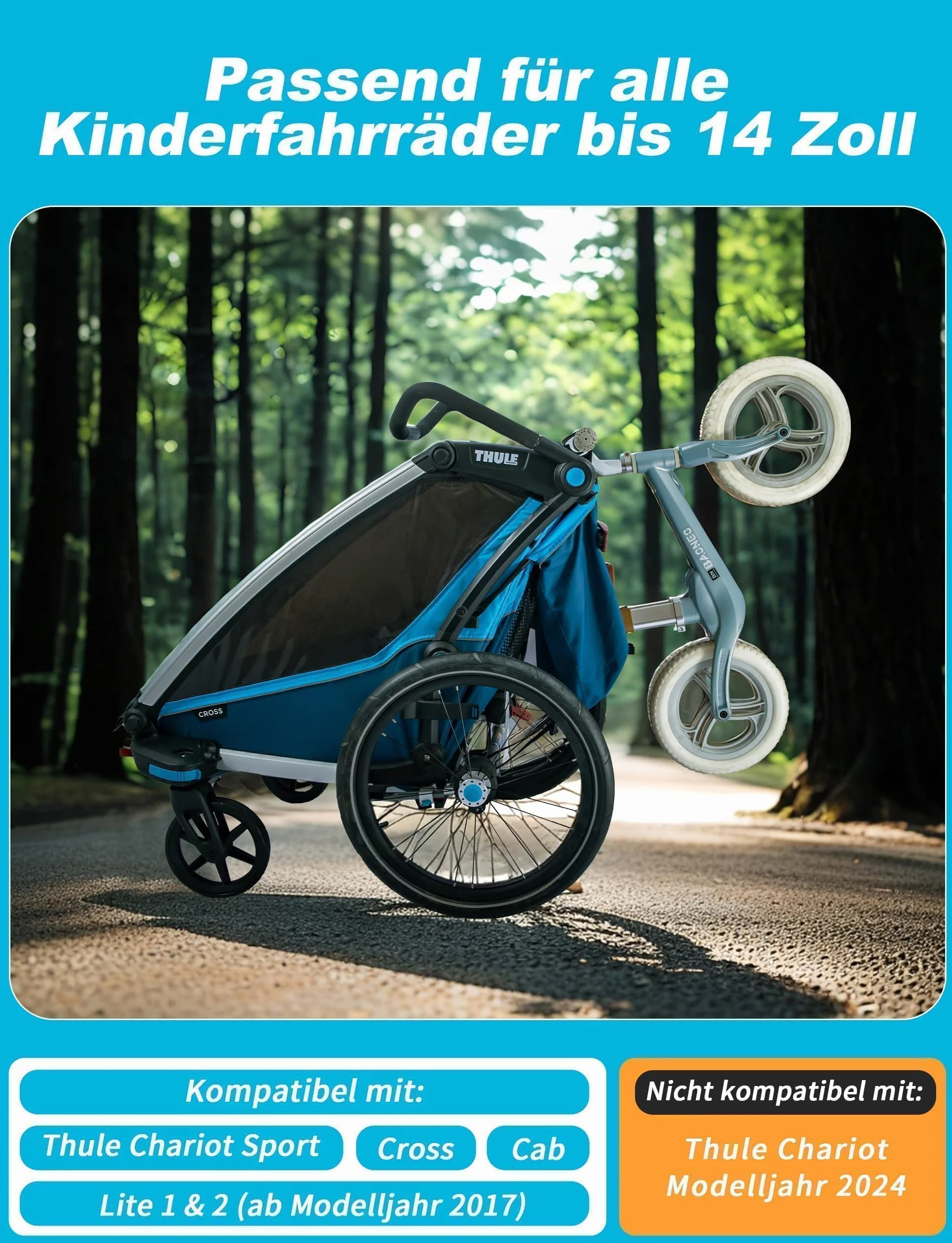 Ruota per bicicletta, supporto per Thule Chariot 2017-2023 Sport, Cross, Cab, Lite 2 fino a 14 pollici max. 20 kg - Rimorchio per bicicletta per bambini
