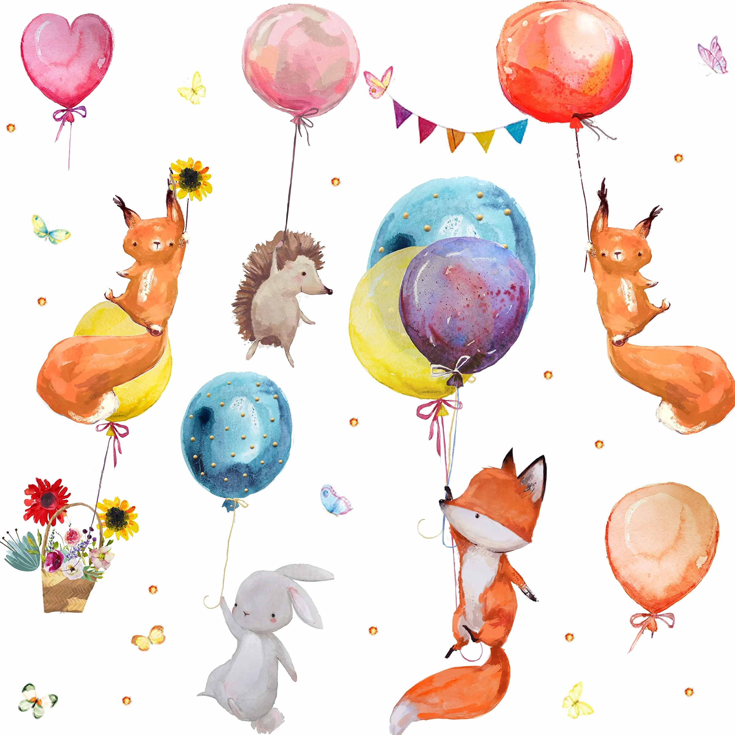 WandSticker4U®- [Acquerello] Adesivi murali bambini animali del bosco PALLONCINI & VOLPE (107x100 cm) I Adesivi da parete animali foresta coniglio giungla I Sticker muro camera da letto bambini bimba