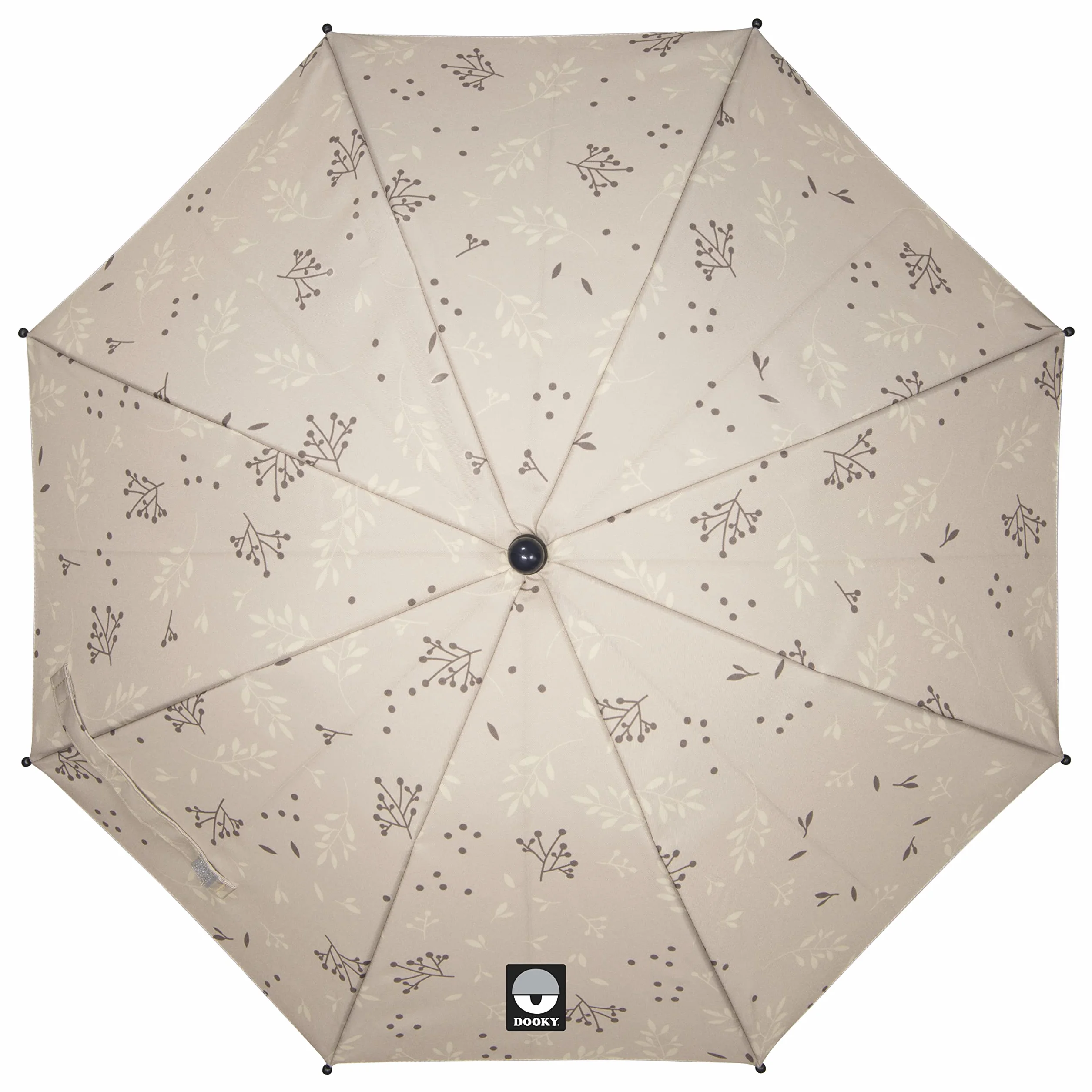Dooky Ombrellone per carrozzina/passeggino/passeggino, protezione UV UPF 50+, flessibilità 180 gradi con tecnologia Duo Flex, antivento e impermeabile, 100% poliestere, portata 76 cm, beige foglie