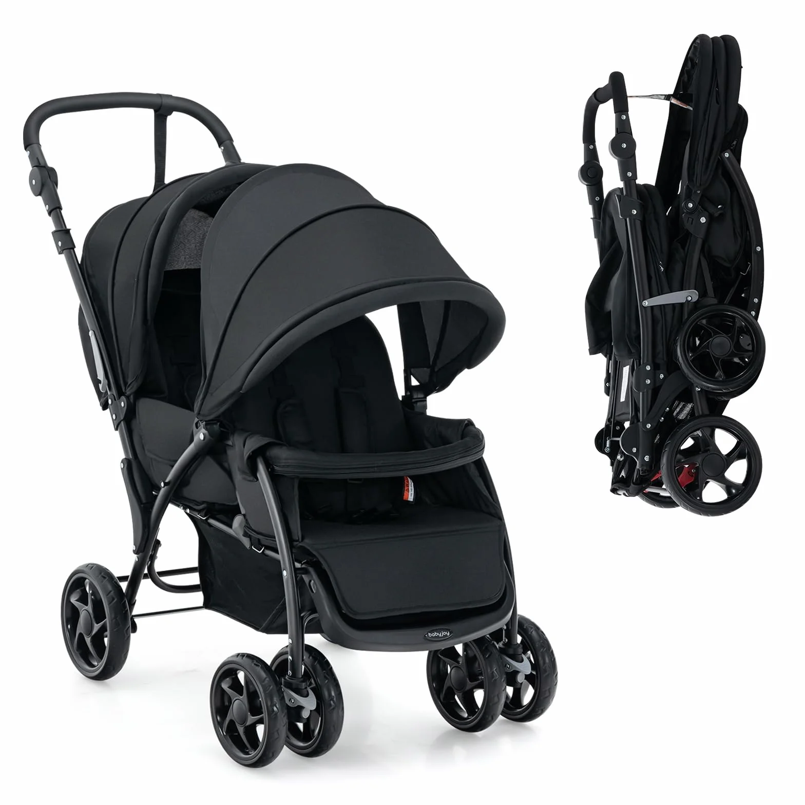 LIFEZEAL Passeggino Gemellare, Doppio, Carrozzina per Bambini, Passeggino da Viaggio, Leggero, Pieghevole, Compatto, Regolabile, Portatile, Reclinabile, Comodo, Max 30 kg, 123x57x95-110 cm (nero)
