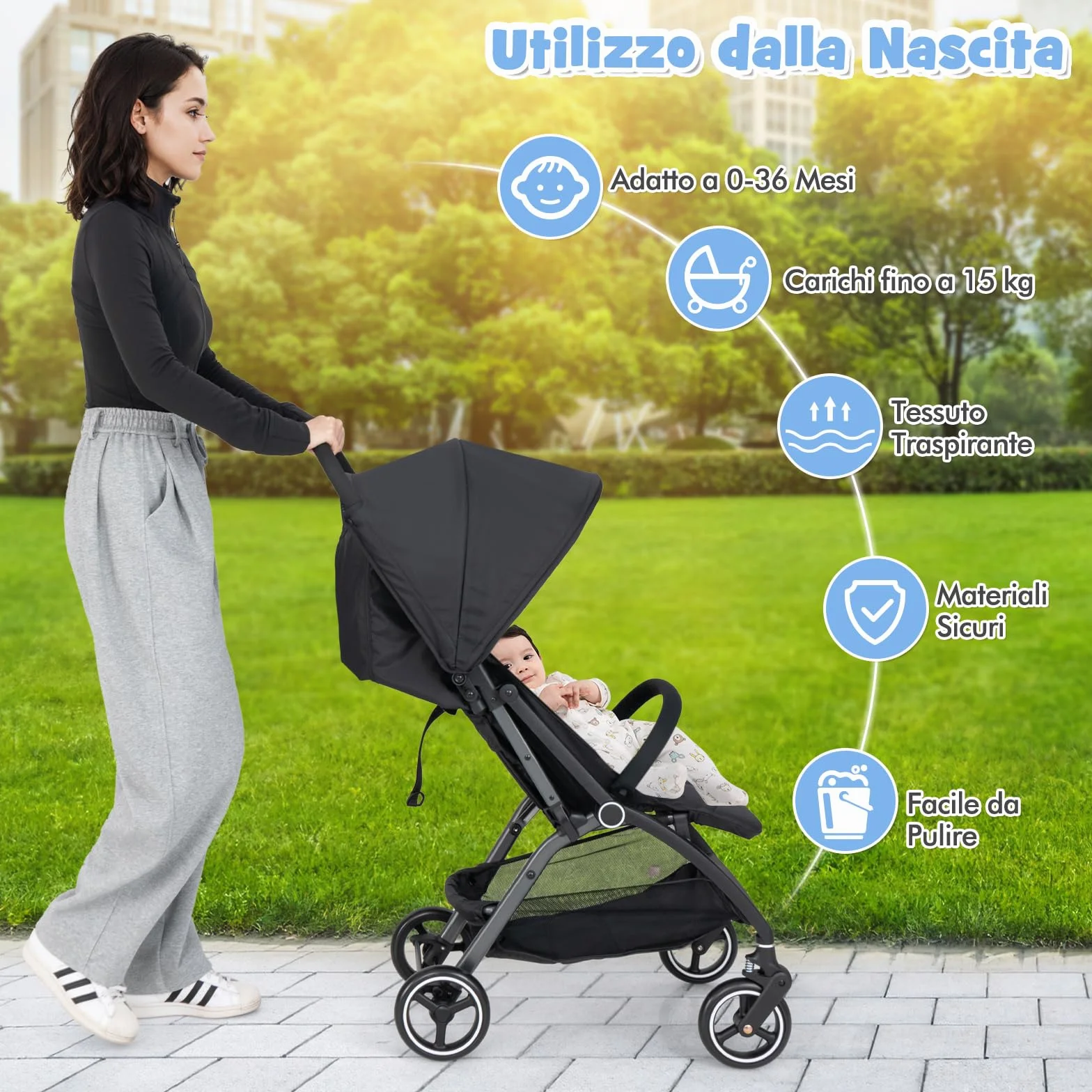 COSTWAY Passeggino Leggero per Bambini, Passeggino Pieghevole con Schienale Regolabile, Tettuccio, Cintura di Sicurezza a 5 Punti, Cestello Portaoggetti, per Bambini 0-36 Mesi (Nero)