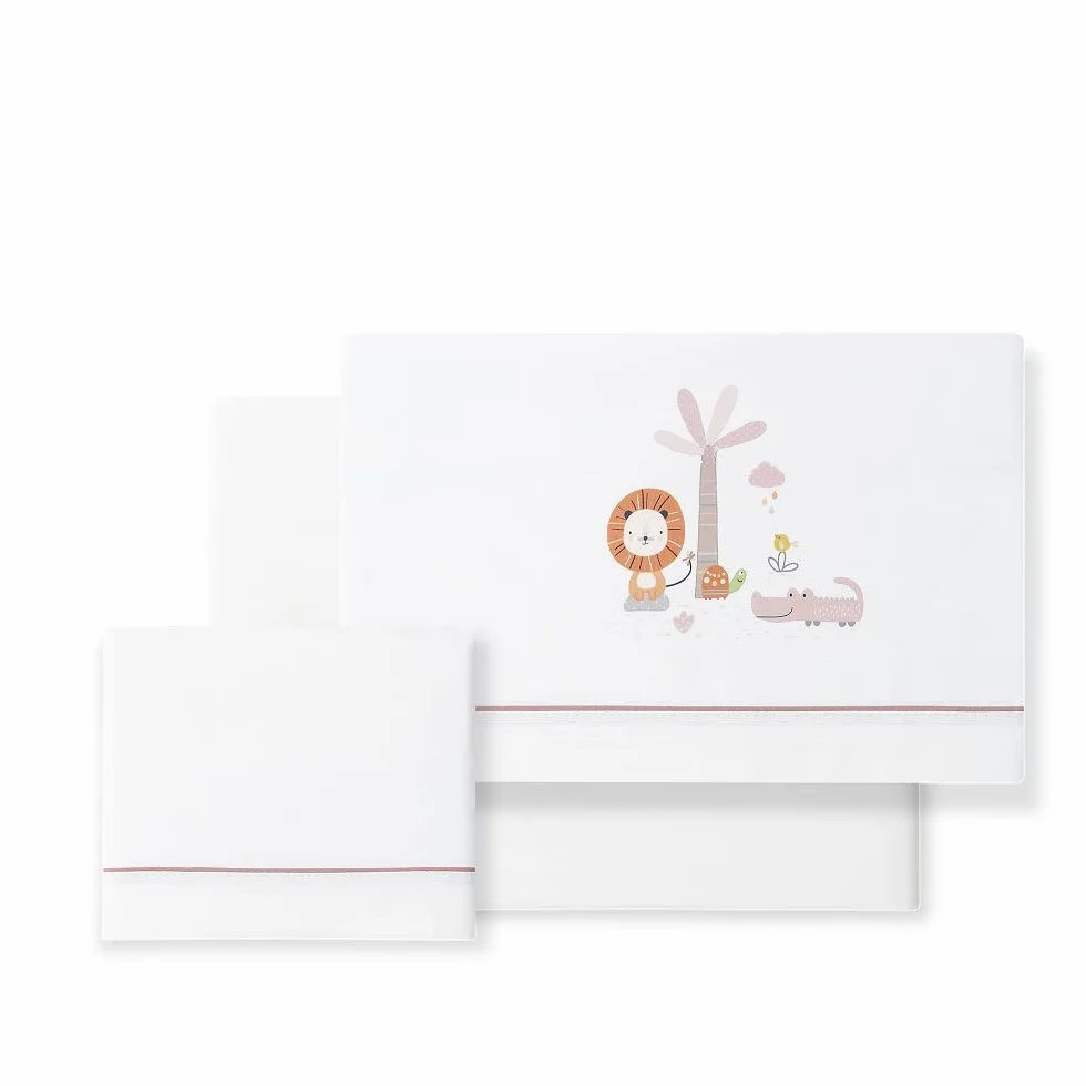 Set 3 pezzi - Lenzuolo lettini con portaciuccio in mussola Leone palma bianco chiaro