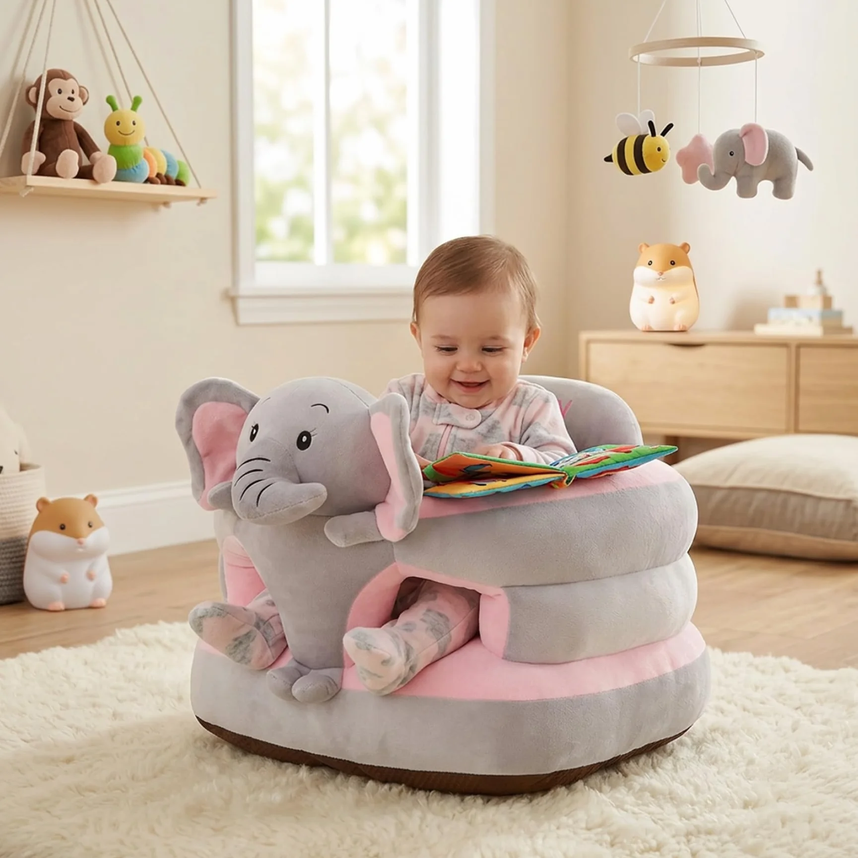 Sedia Sit Up per Bambini, Seggiolino da Terra Sit Me Up Elefante per Bambino, Cuscino di Supporto in Morbido Peluche con Base Antiscivolo, Articoli per Neonati (Grigio), Utilizzo IntéRieure