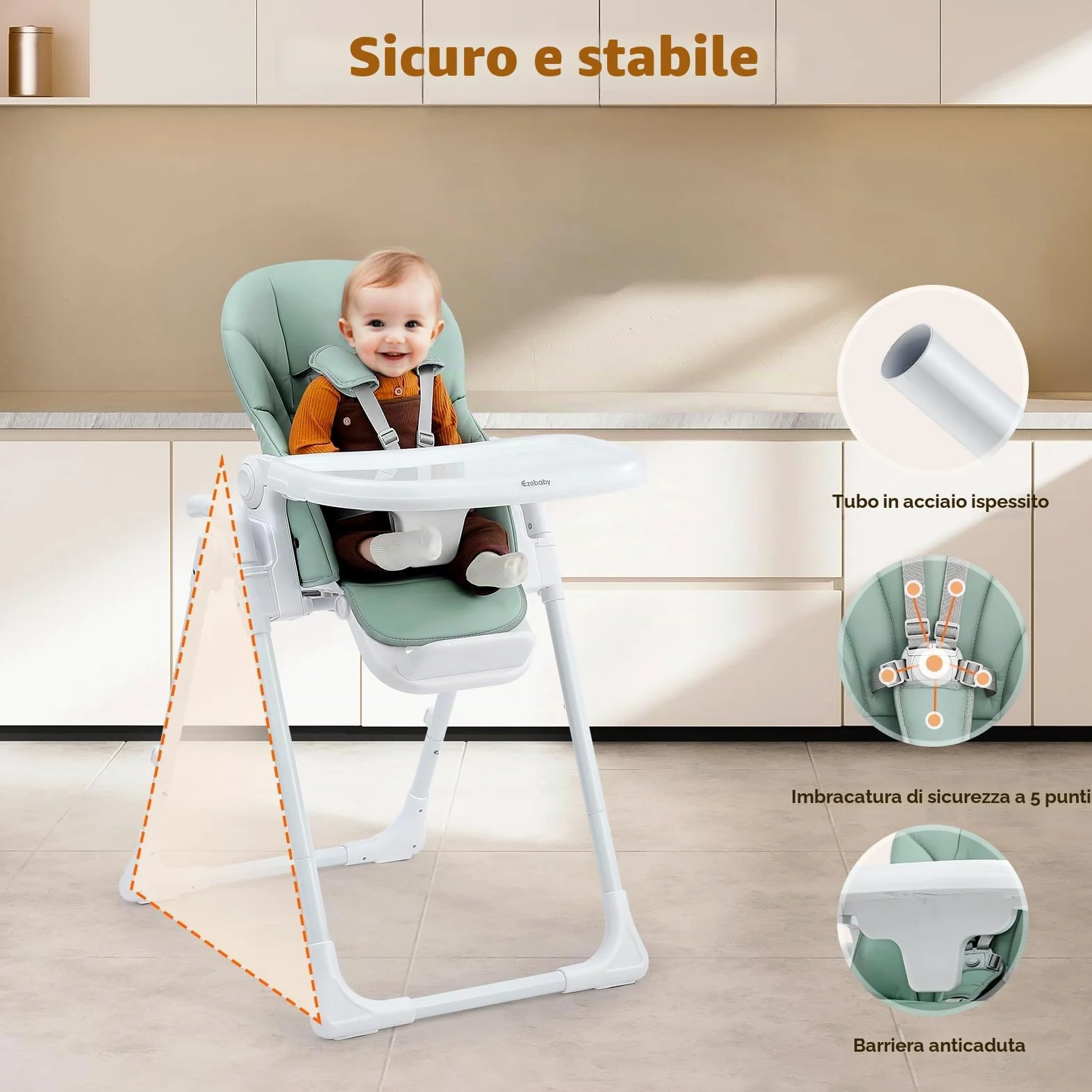 Ezebaby Seggiolone Bambini Ergonomico, Confortevole, Reclinabile, Pieghevole, con Altezza Regolabile e Poggiapiedi, Vassoio Staccabile con Ruote e Cintura di Sicurezza a 5 Punti Verde | 7 altezze, schienale reclinabile, doppio vassoio, cintura a 5 punti,