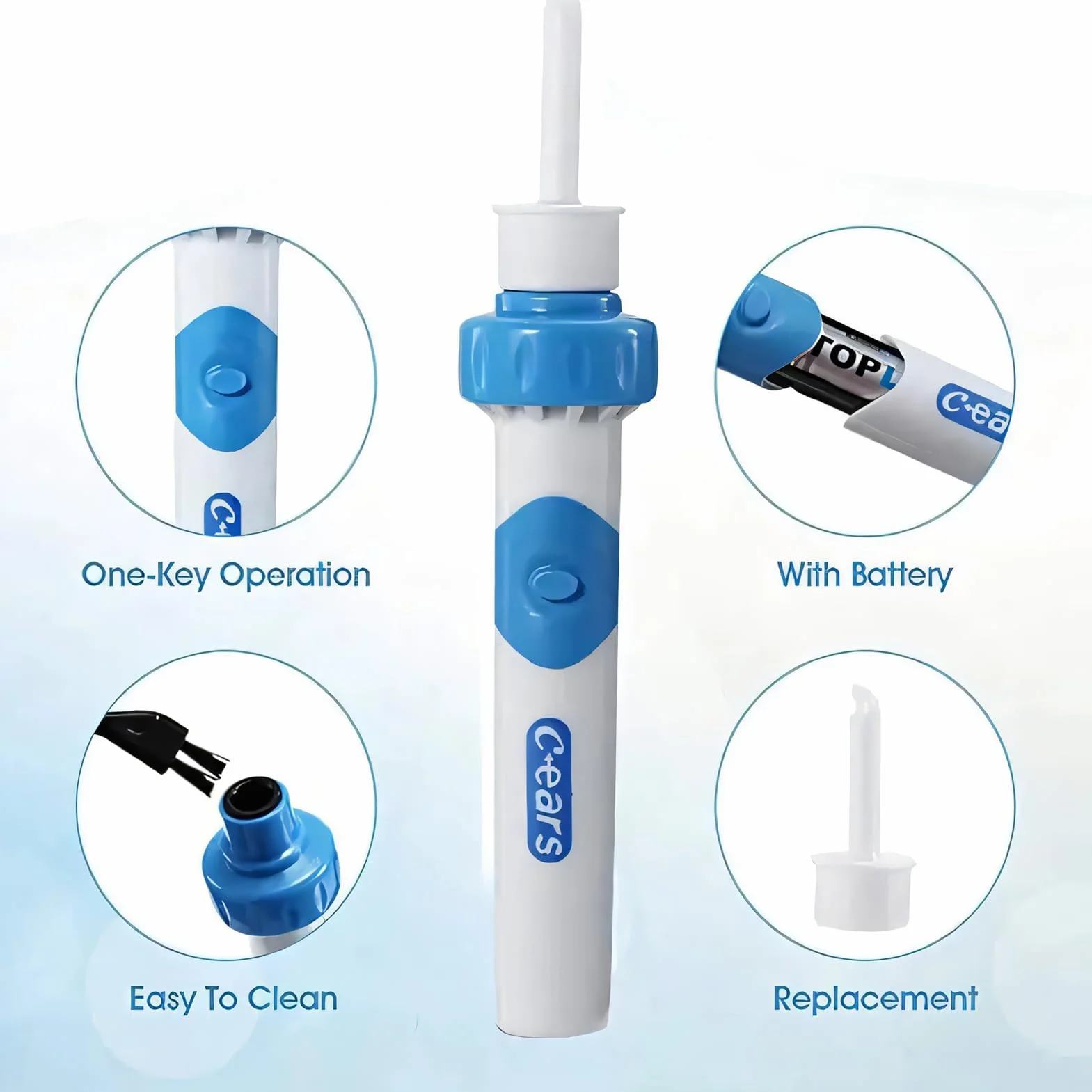 Aspiratore Cerume Orecchie Elettrico Pulisci Orecchie con Aspirazione, 2 Testine Silicone + Spazzolina, pulizia orecchie adulti bambini, aspiratore di cerume, funziona con Batterie AAA