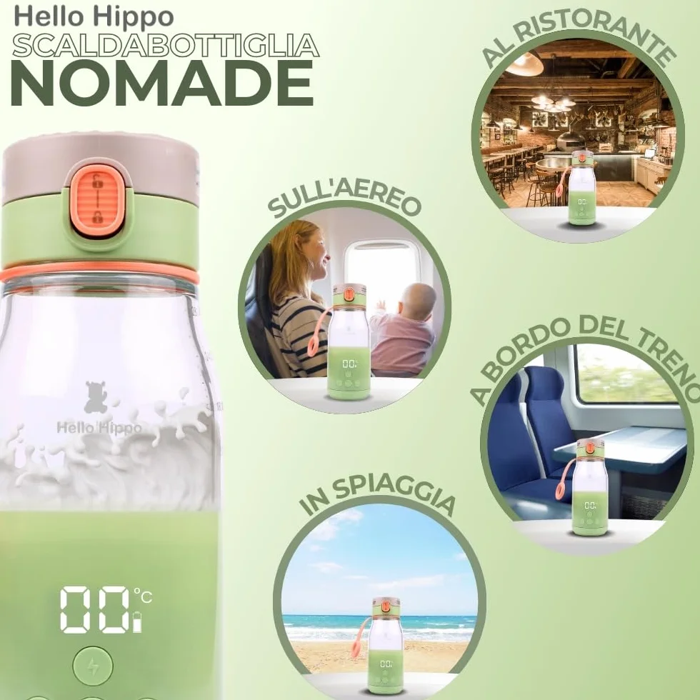 Scaldabiberon Nomade 300 ml – Senza fili, batteria ricaricabile USB, auto – temperatura regolabile 37 – 50 °C con mantenimento al caldo – Graduazione 30 ml – ideale per latte e acqua in viaggio