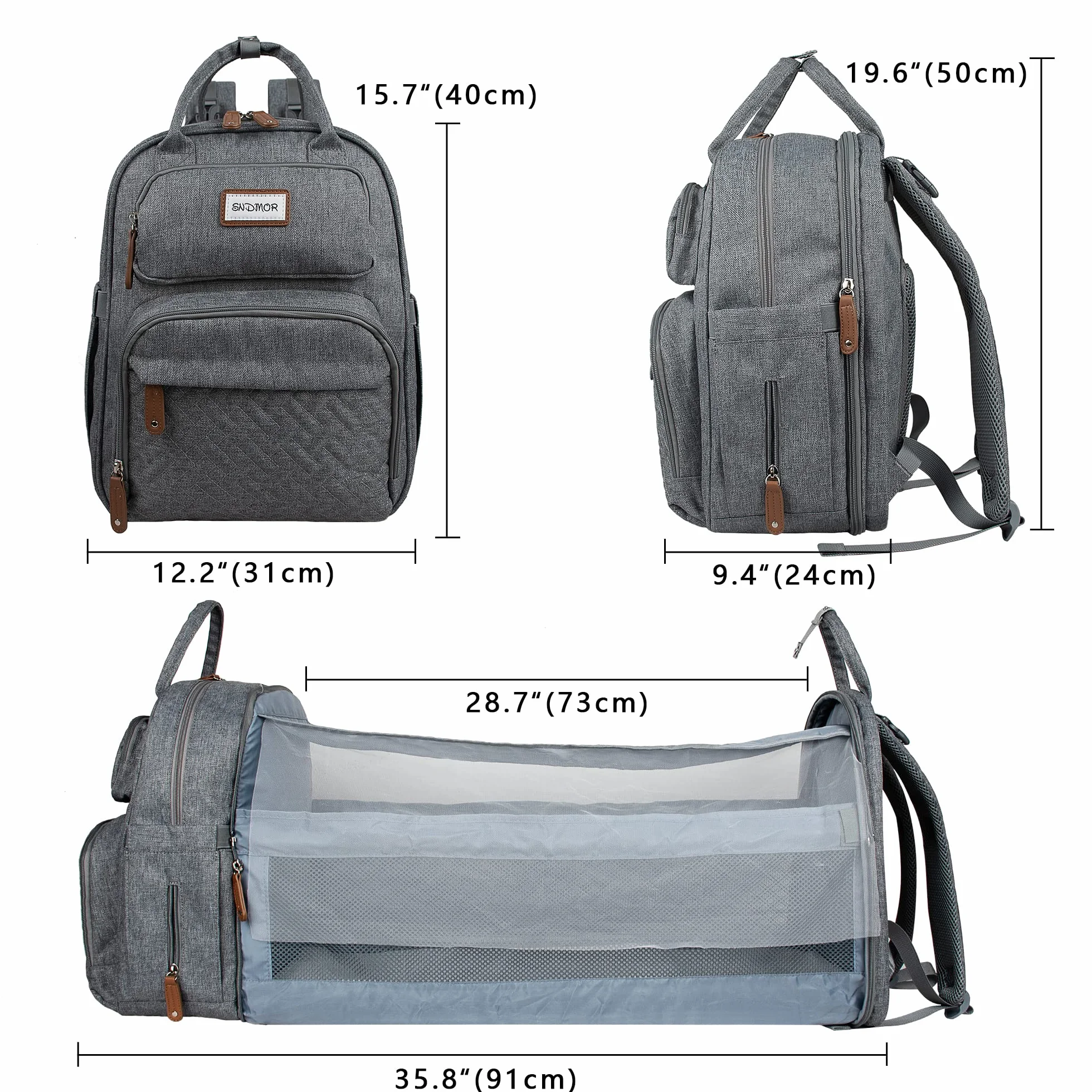 SNDMOR Zaino per Fasciatoio, Borsa per Bebè Unisex Grande con Fasciatoio, Grande Capacità, Impermeabile alla Moda (Grigio Chiaro)
