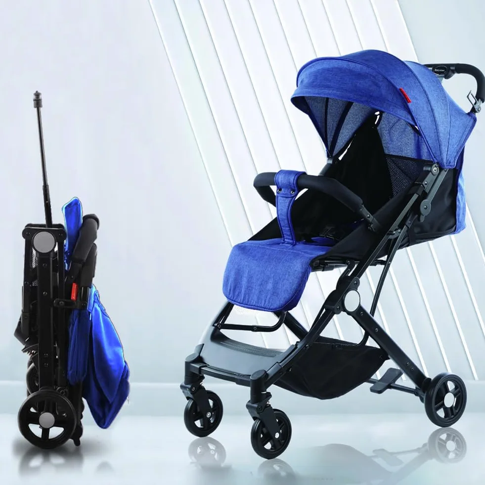 BAKAJI Passeggino Easy Ultra Leggero con Chiusura Facilitata Portata Massima 15 kg, Schienale Reclinabile con Cintura di Sicurezza a 5 Punti, Pieghevole con Una Mano, Salvaspazio (Blu)