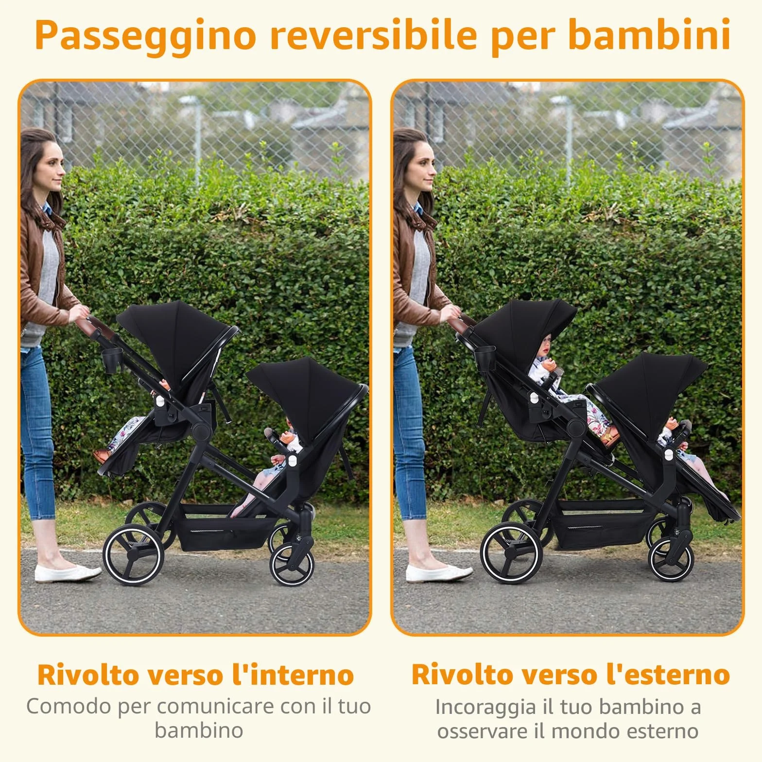 Passeggino Gemellare Doppio Leggero Carrozzina Pieghevole da Viaggio, Passeggino Tandem Compatto Con Sedili Reversibili, Navicella Bambino Carico Max 30 kg Dalla Nascita a 36 Mesi