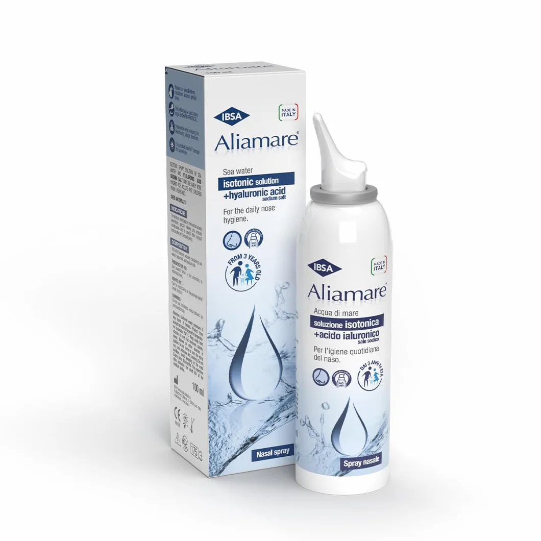 IBSA Aliamare Spray 100ml | Soluzione Isotonica di Acqua di Mare e Acido Ialuronico. Per l'igiene e Detersione Del Naso Anche Quotidiana di Adulti e Bambini Dai 3 anni