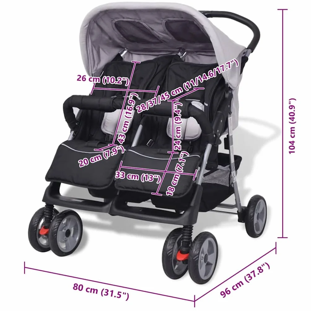 vidaXL Passeggino Gemellare Bambini Regolabile Acciaio Grigio Nero Carrozzina