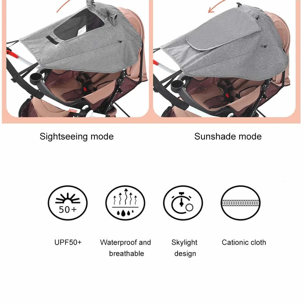 Parasole per Passeggino, Parasole Passeggino Universale,Universale Regolabile UV 50+, Regolabile Parasole universale passeggino con Lucernario, telo parasole per carrozzina e passeggino, Grigio