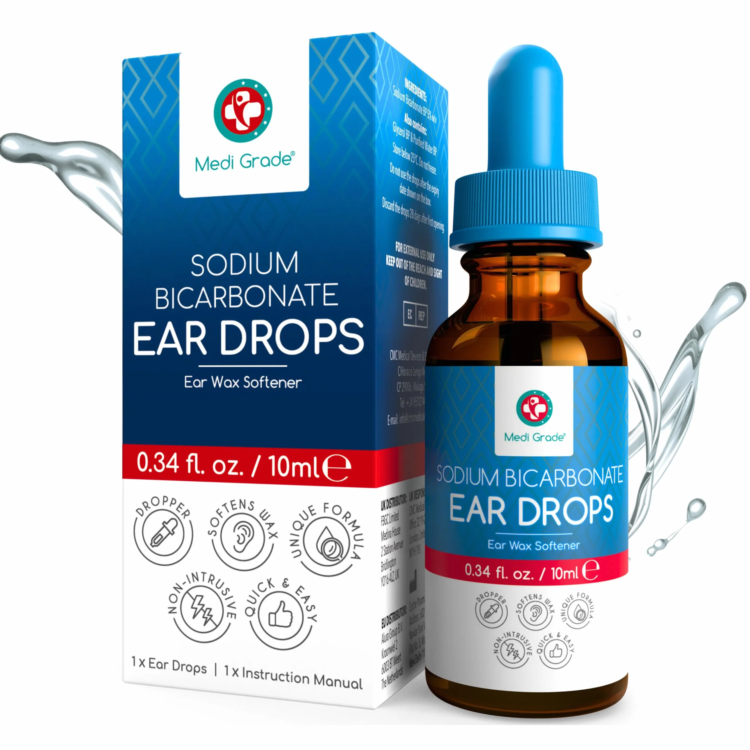 Medi Grade Gocce per Orecchie al Bicarbonato di Sodio - Gocce Orecchie con Contagocce – Pulisci Orecchie per Uso Domestico – Gocce Auricolari per Pulizia Orecchie