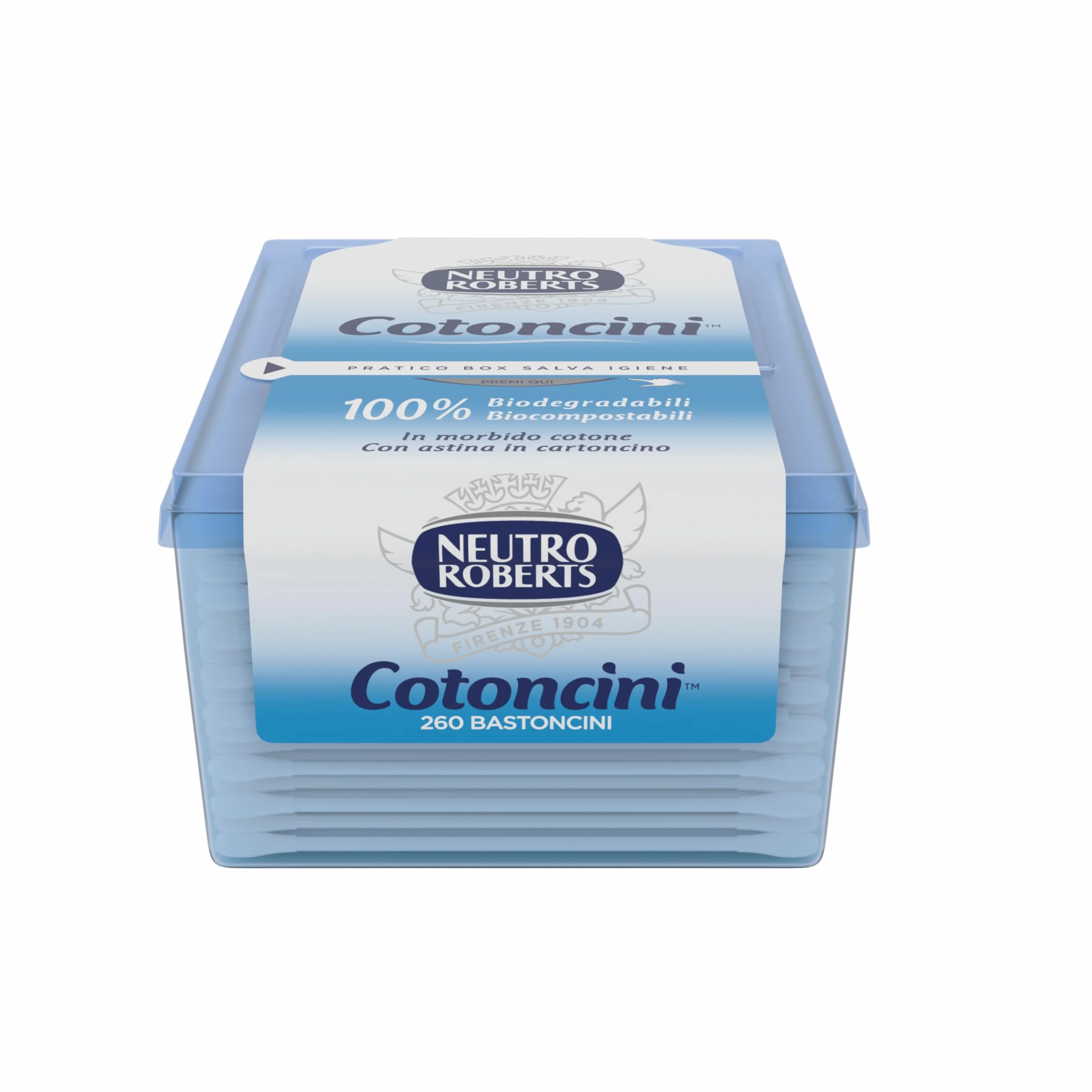 Neutro Roberts - Cotoncini con Box Salva Igiene - Cotton Fioc Morbidi e Biodegradabili con Astina in Cartoncino - Cotoncini con Camomilla, Ideali per Bambini - Confezione da 260 Pezzi