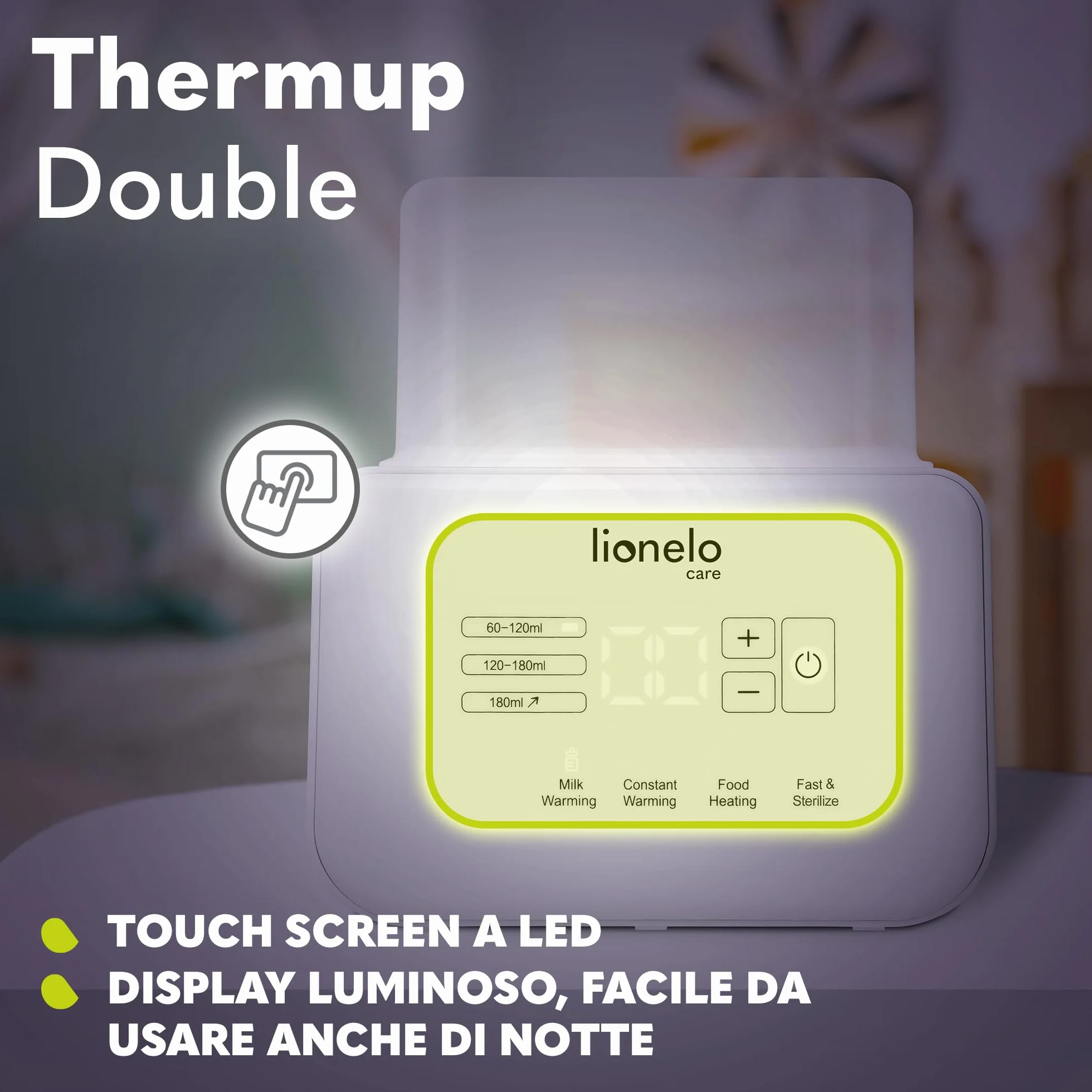 LIONELO Thermup Double scaldabiberon elettrico doppio, Sterilizzatore, scalda pappe e biberon, scongelamento latte, riscaldamento rapido 3-5 minuti, 6 funzioni