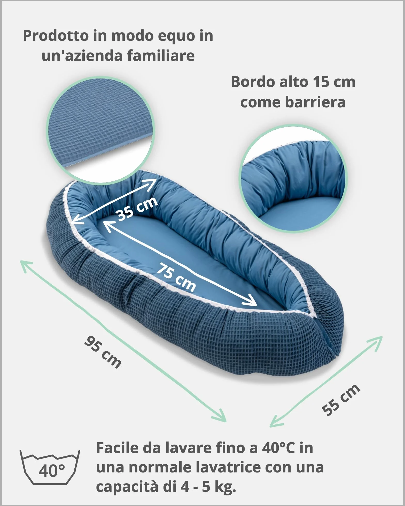 ULLENBOOM Riduttore Lettino Neonato Blu - Riduttore Culla 55x95 cm - 100% OEKO-TEX e Made in EU, Adatto come Baby Cocoon e Lettino da viaggio