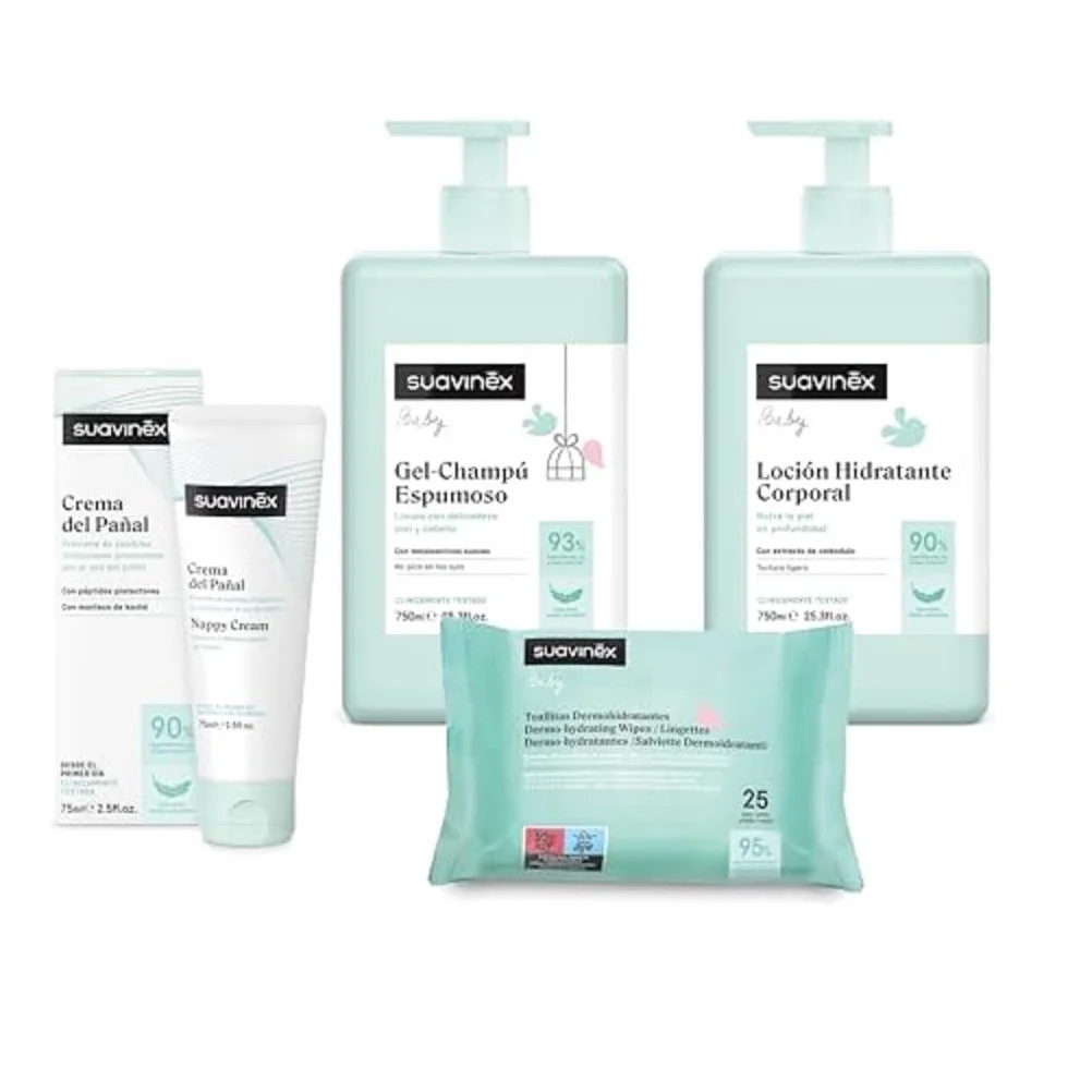 Suavinex, Confezione cosmetica di grande formato. Include: gel shampoo delicato 750 ml + latte idratante 750 ml + pomata pannolino 50 ml + confezione salviettine 25 pz. Pack Neonato Neonato, 4