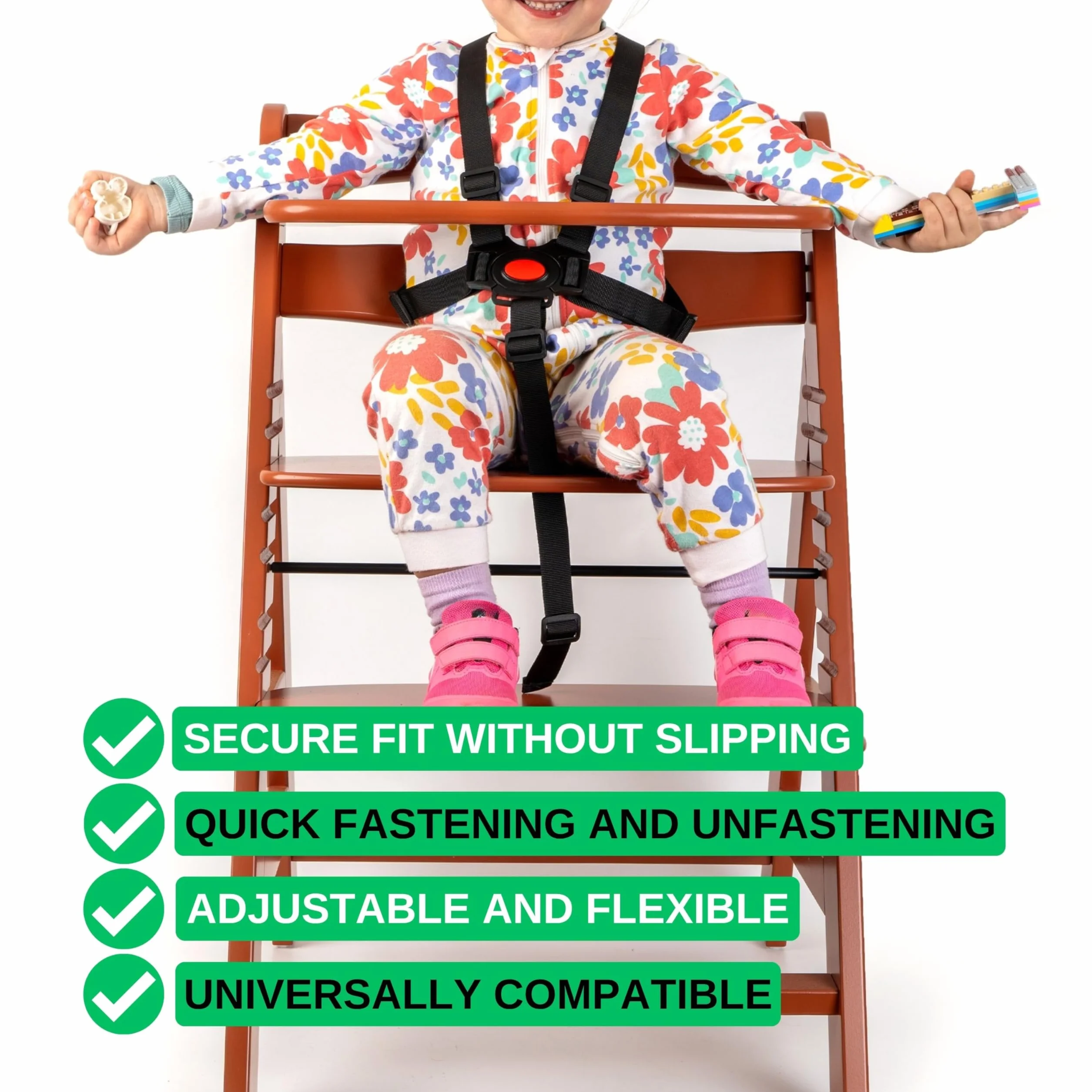 Sistema di imbracatura a 5 punti per seggiolone, 1 set, compatibile con Hauck Alpha Beta, Stokke Tripp Trapp, Roba e molti altri, in nero, con cinghia inguinale