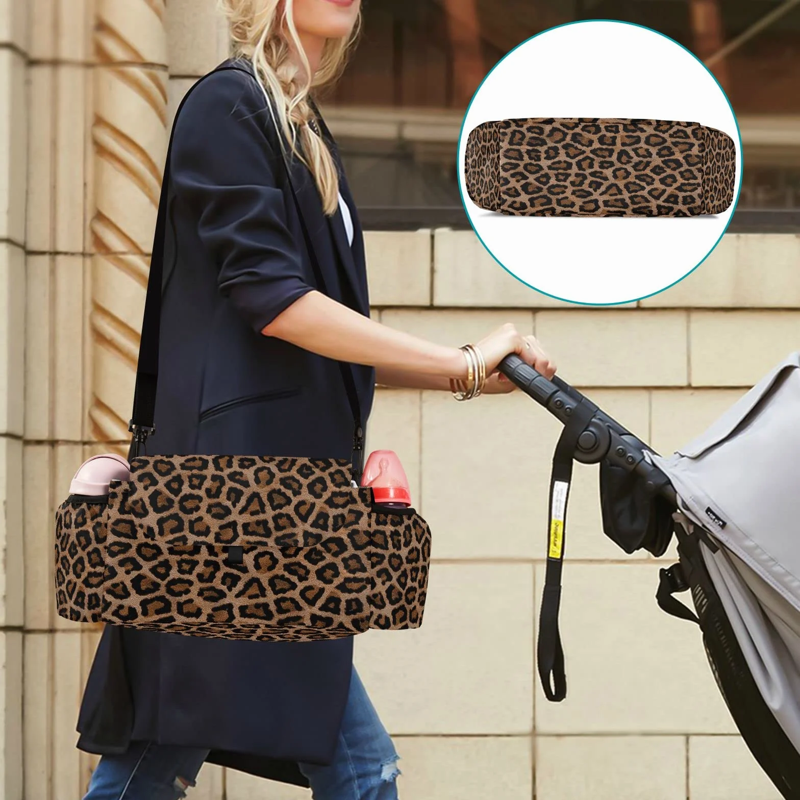 Borsa organizer per passeggino, motivo leopardato, universale, con 2 portabevande, cinghie regolabili, adatta per bottiglie, marrone, moderno