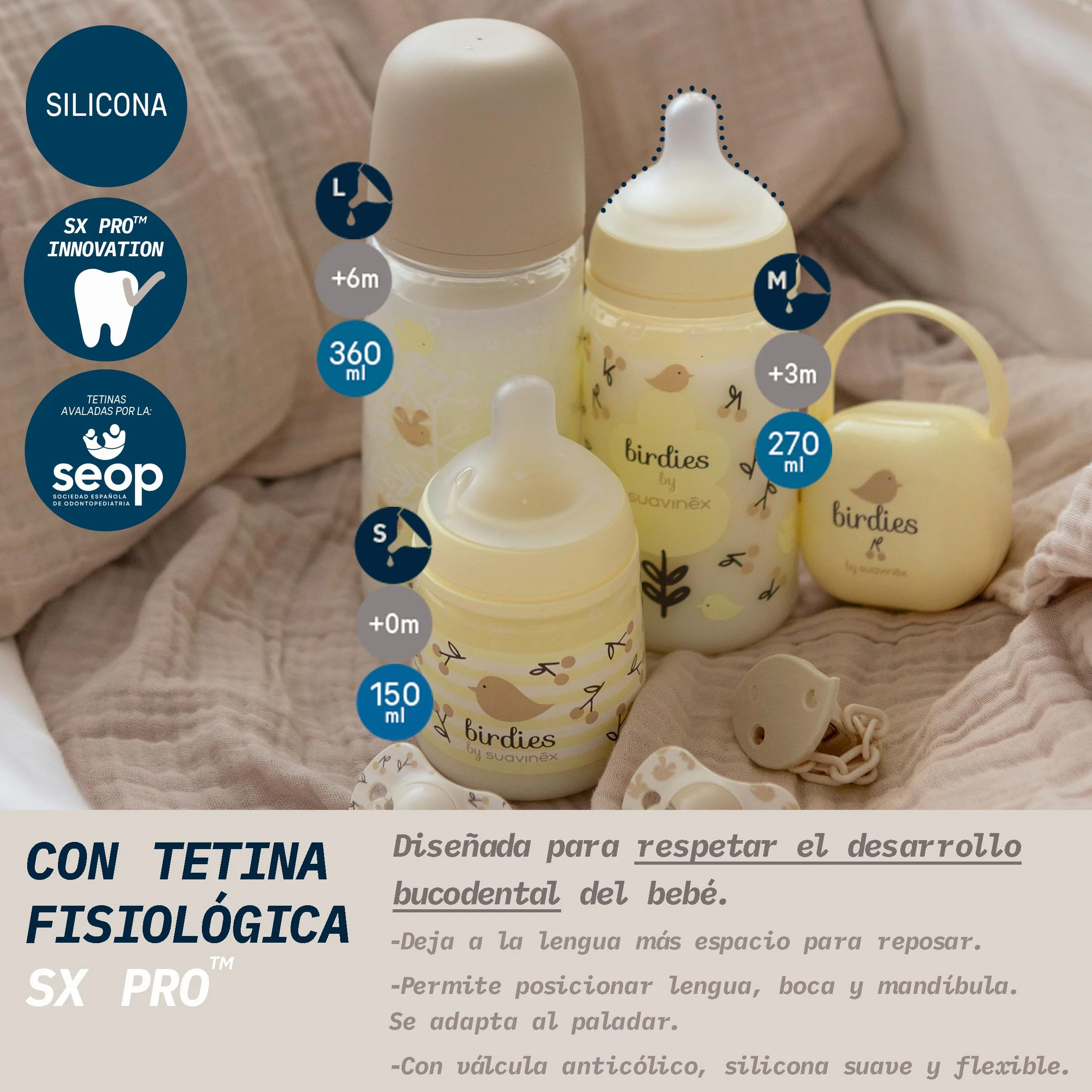 Suavinex, Confezione 2 Biberon da 270 ml, Tettarella Simmetrica SX Pro in Silicone con Valvola Anticolica, Flusso Medio, Liquido Densità Media, Latte, Succhi, Acqua. ​+3 Mesi.Birdies, Wild&Free, Beige