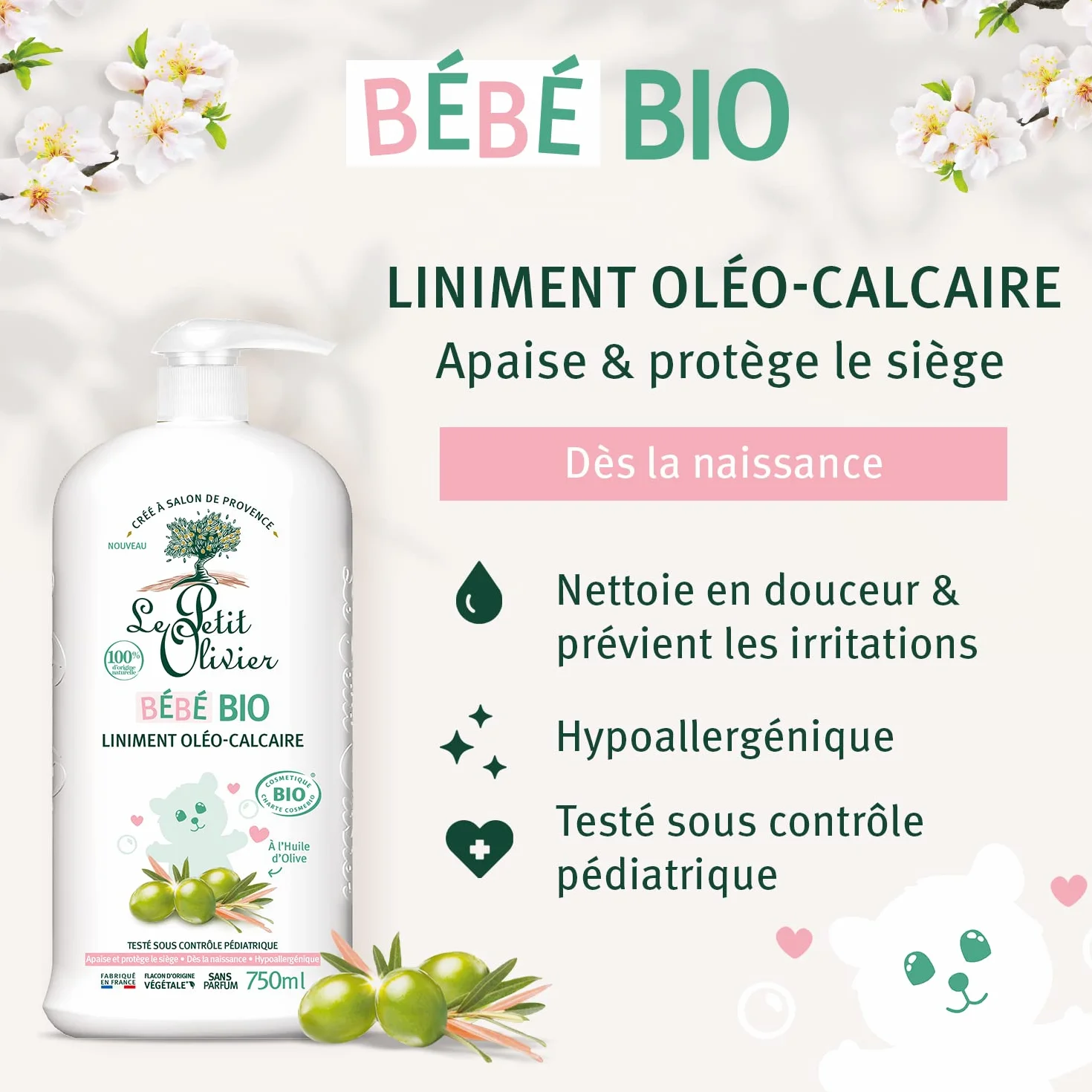 LE PETIT OLIVIER - Liniment Oleo-Calcare - Bambino Bio - Dalla nascita - Pulisce delicatamente i glutei del bambino - Certificato biologico - 100% di origine naturale - Testato sotto controllo
