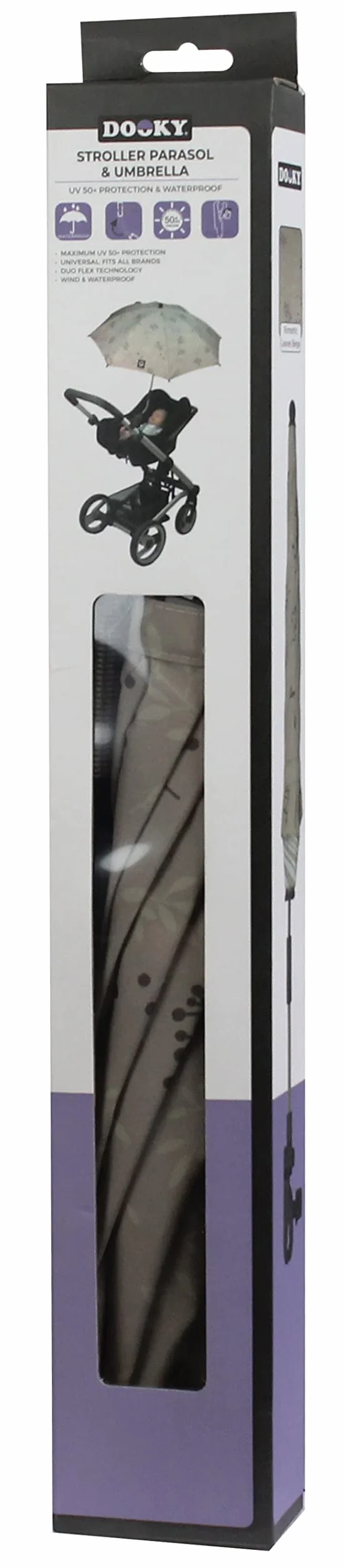 Dooky Ombrellone per carrozzina/passeggino/passeggino, protezione UV UPF 50+, flessibilità 180 gradi con tecnologia Duo Flex, antivento e impermeabile, 100% poliestere, portata 76 cm, beige foglie