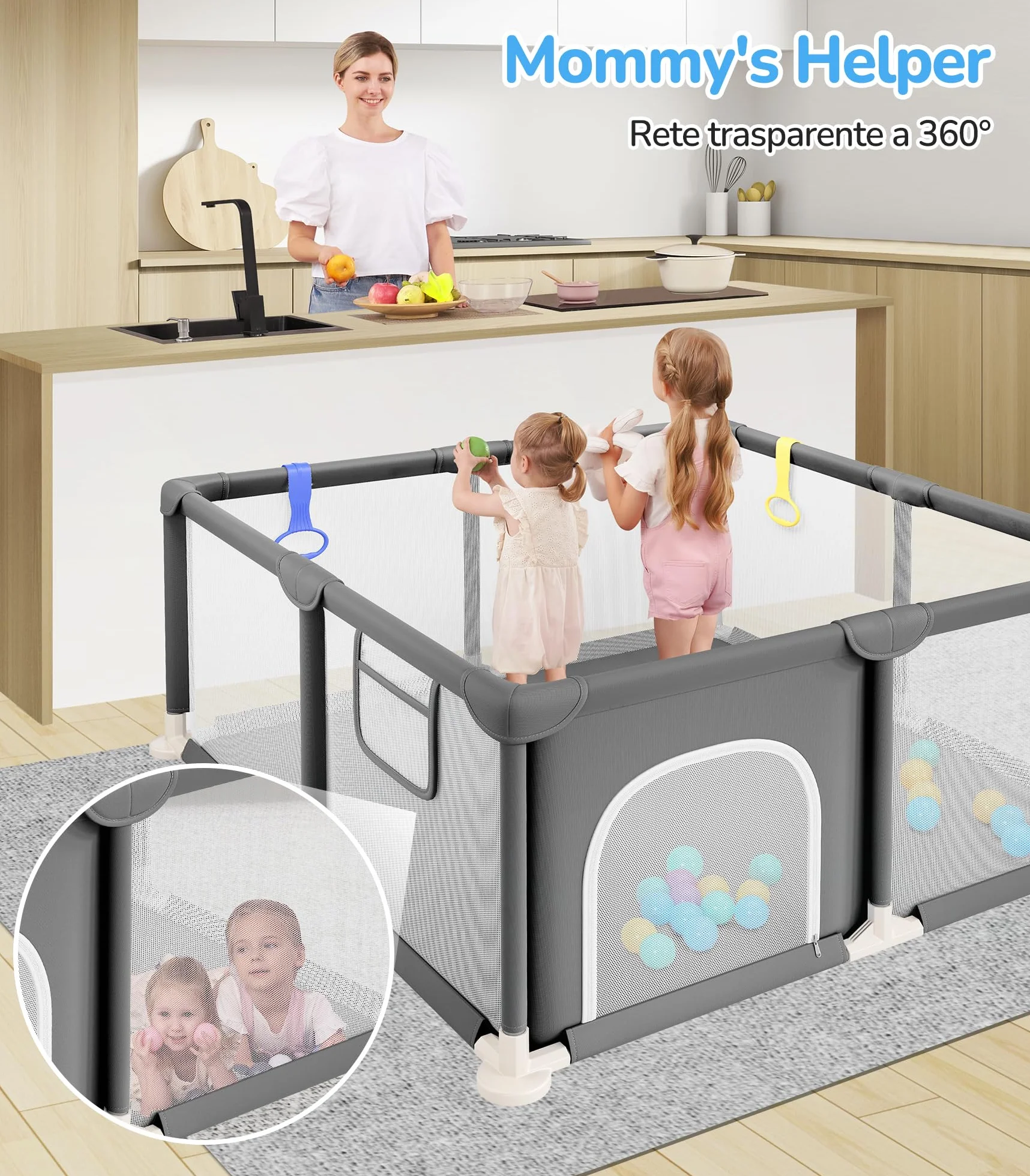 Dripex Box per Bambini Recinto Neonato - Small - Grigio Scuro | 124 x 124 cm Rete Traspirante Tessuto Oxford 210D, 2 Anelli di Gioco