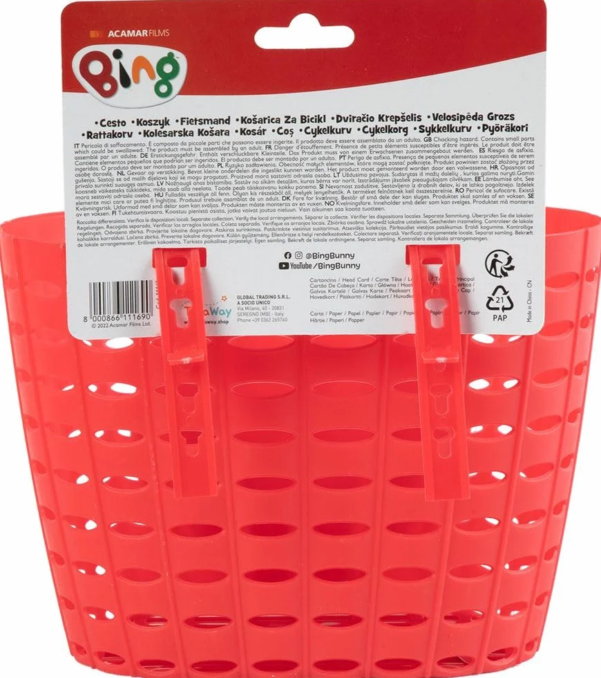 Cestino portaoggetti ciclo bambino unisex con coniglietto Bing rosso per bicicletta