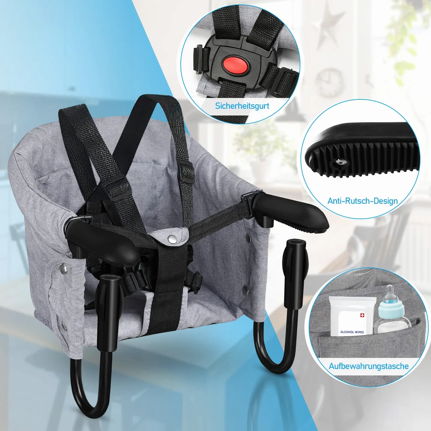 Herrselsam Seggiolino pieghevole per bambini, seggiolone per bambini, seggiolino da tavolo per bambini per casa e viaggi con borsa da trasporto, caricabile fino a 18 kg (grigio)