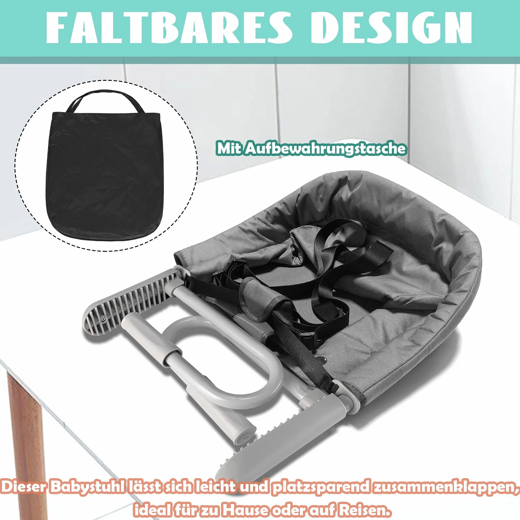SUBTLETY Seggiolino da tavolo pieghevole, con borsa trasporto, antiscivolo, morsetti, borsa seduta, portatile, 2-8 cm spessore tavolo, 15 kg carico
